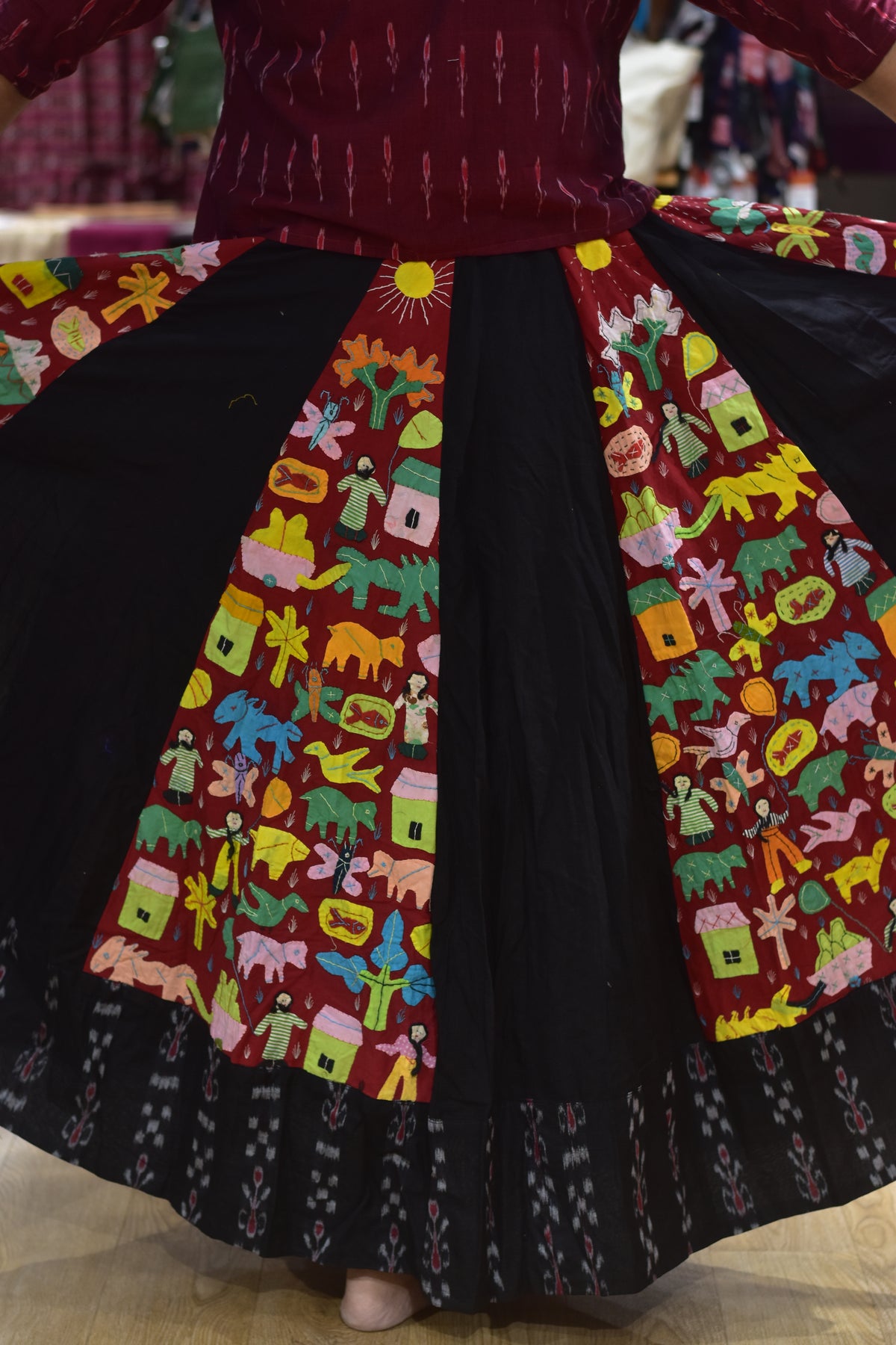 Black Applique Fusion Ikat Designer Garba Skirt