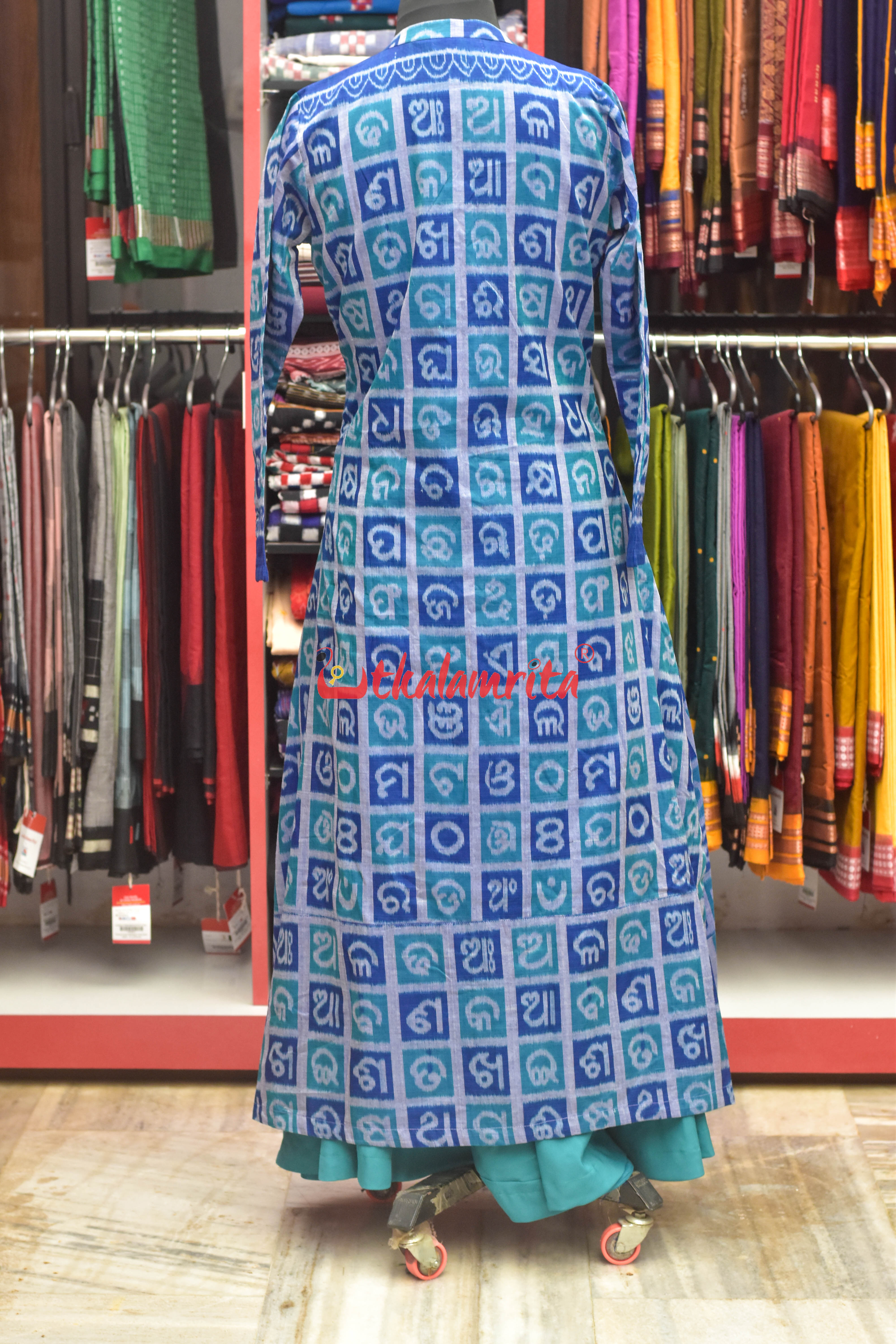 Odia Alphabet Blue Teal Sambalpuri Cotton Long Jacket Set