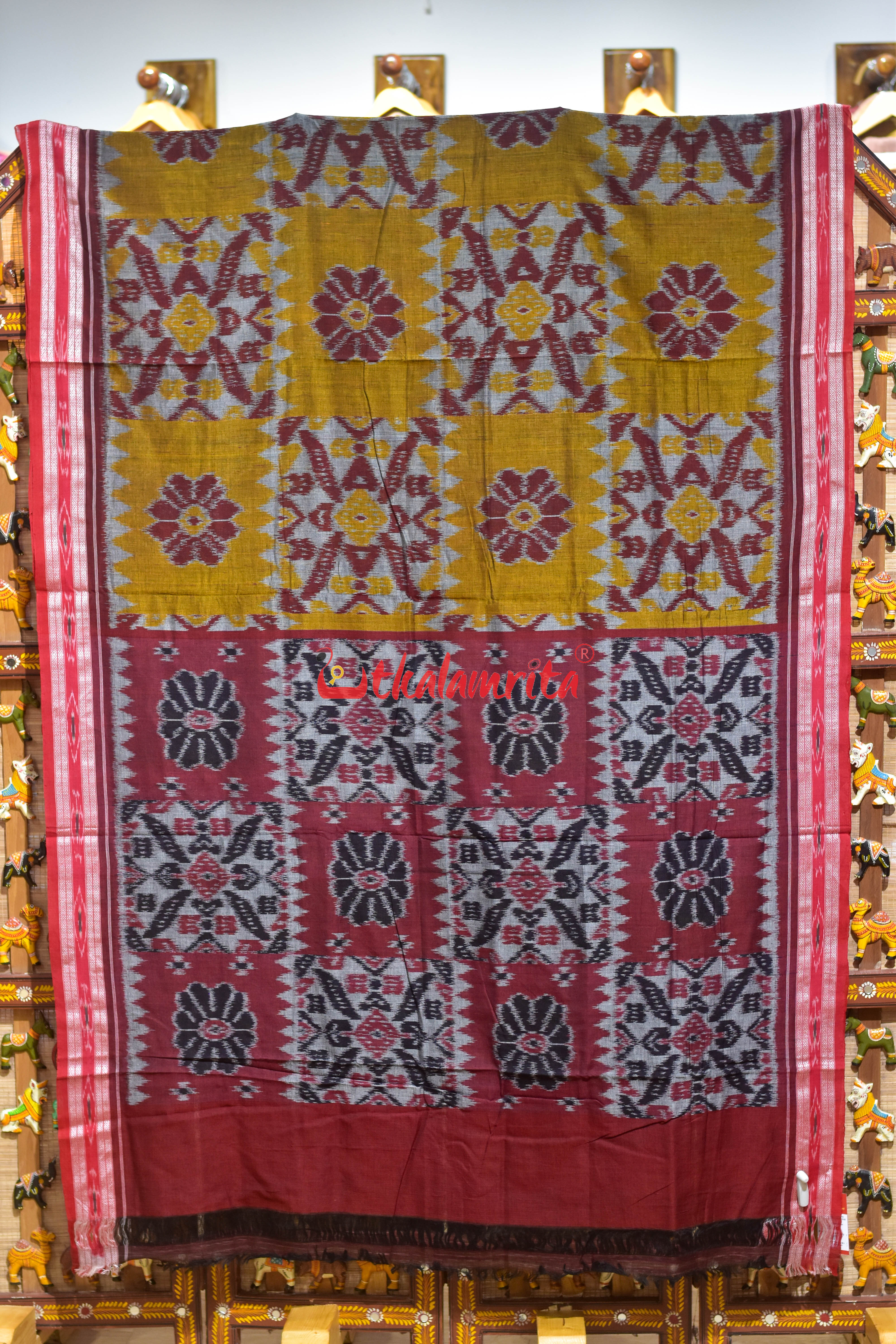 Computer Grey Mustard Maroon Khandua Cotton Saree