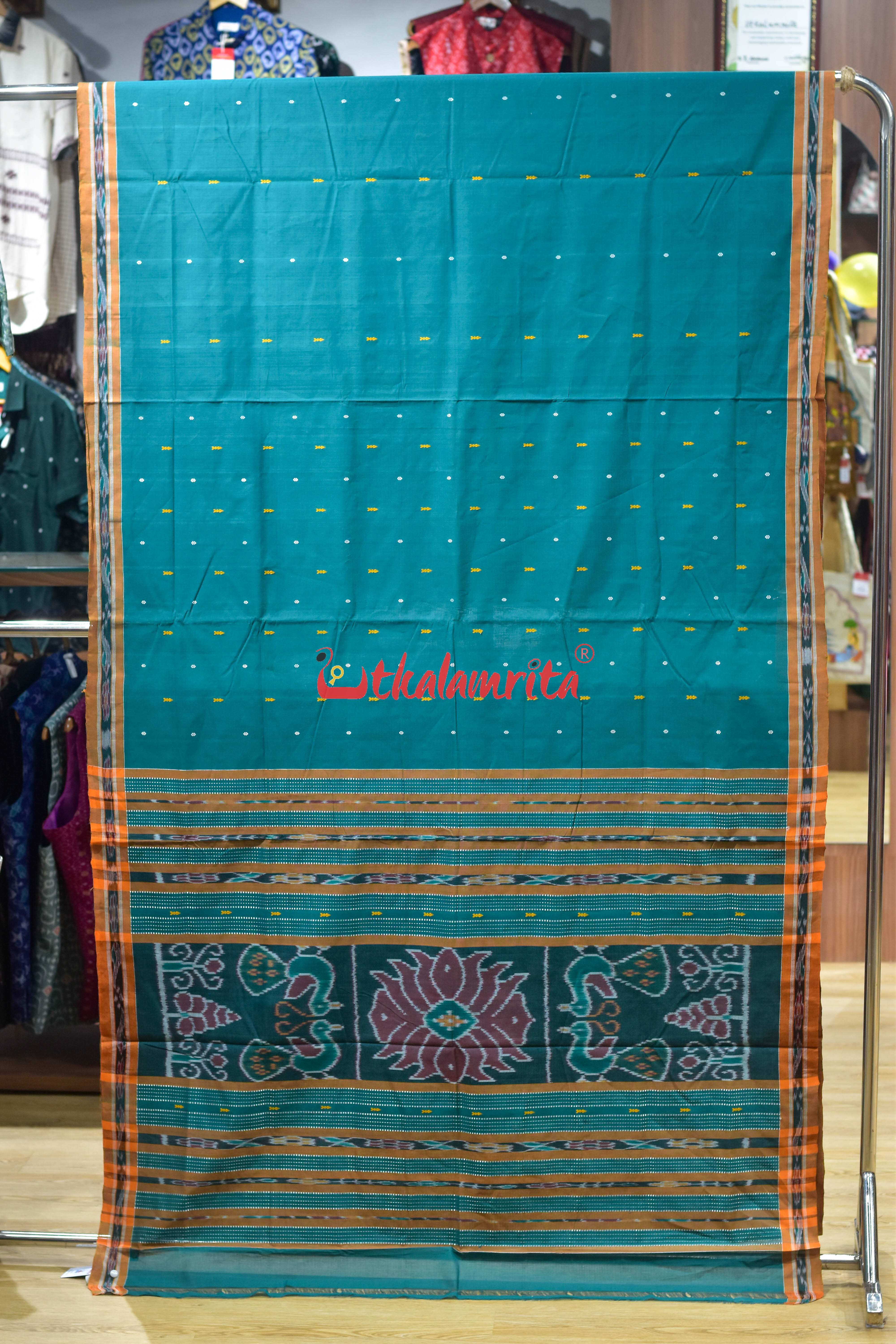 Teal Yellow Padma Pittala Single Cotton Saree