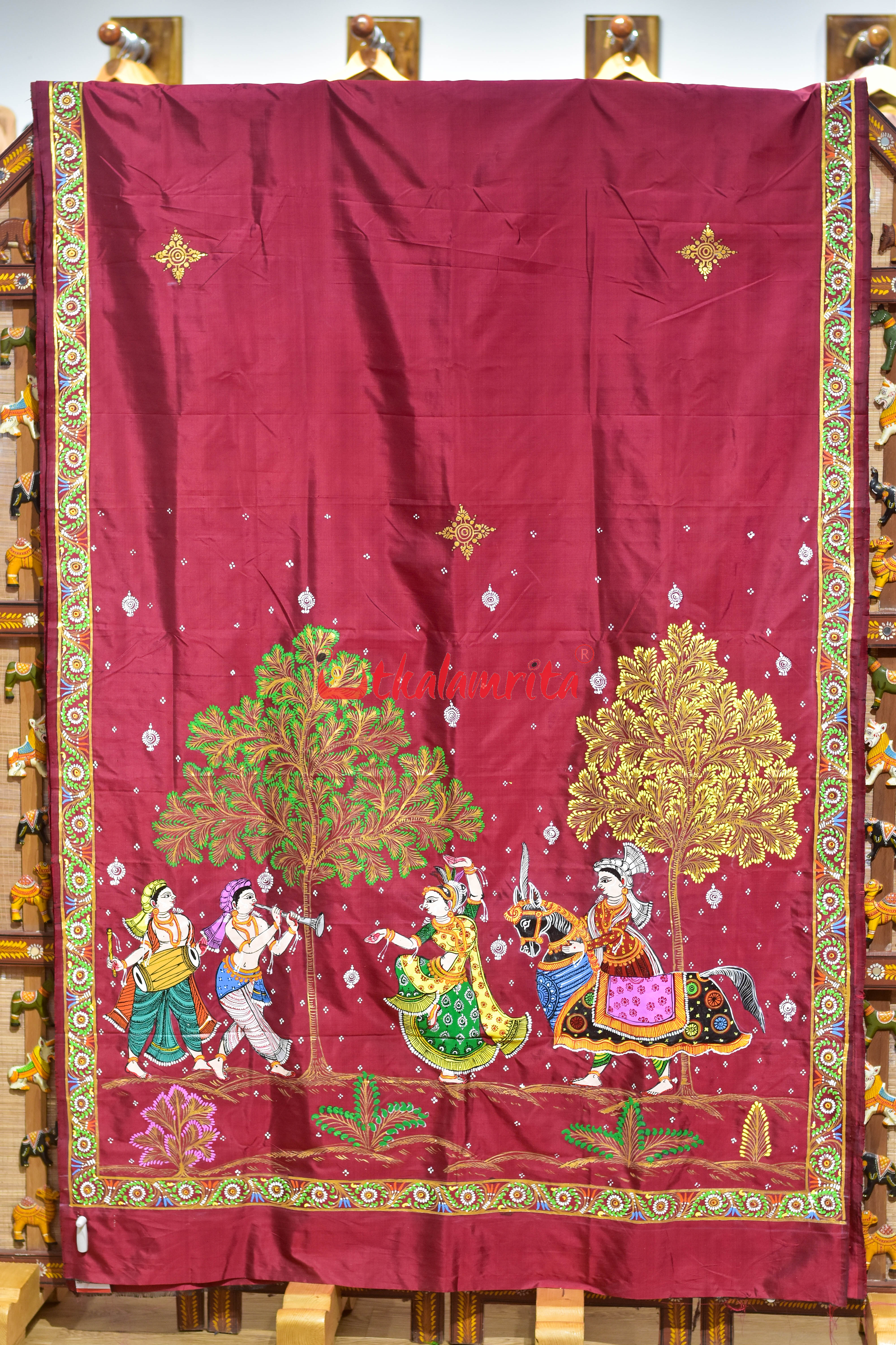 Maroon Ghoda Nacha Pattachitra Silk Saree