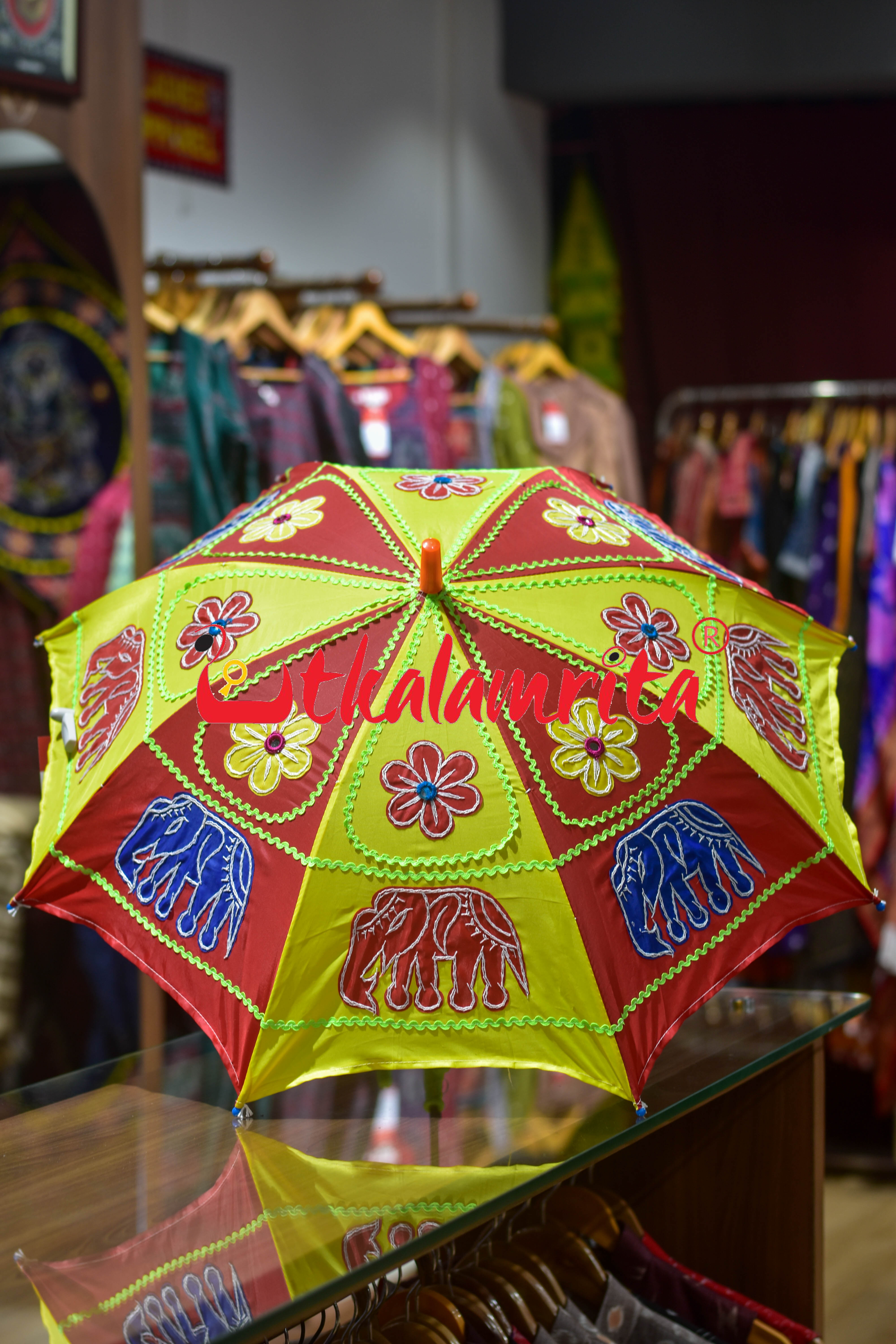 Red Yellow Elephants Pipli Waterproof Umbrella