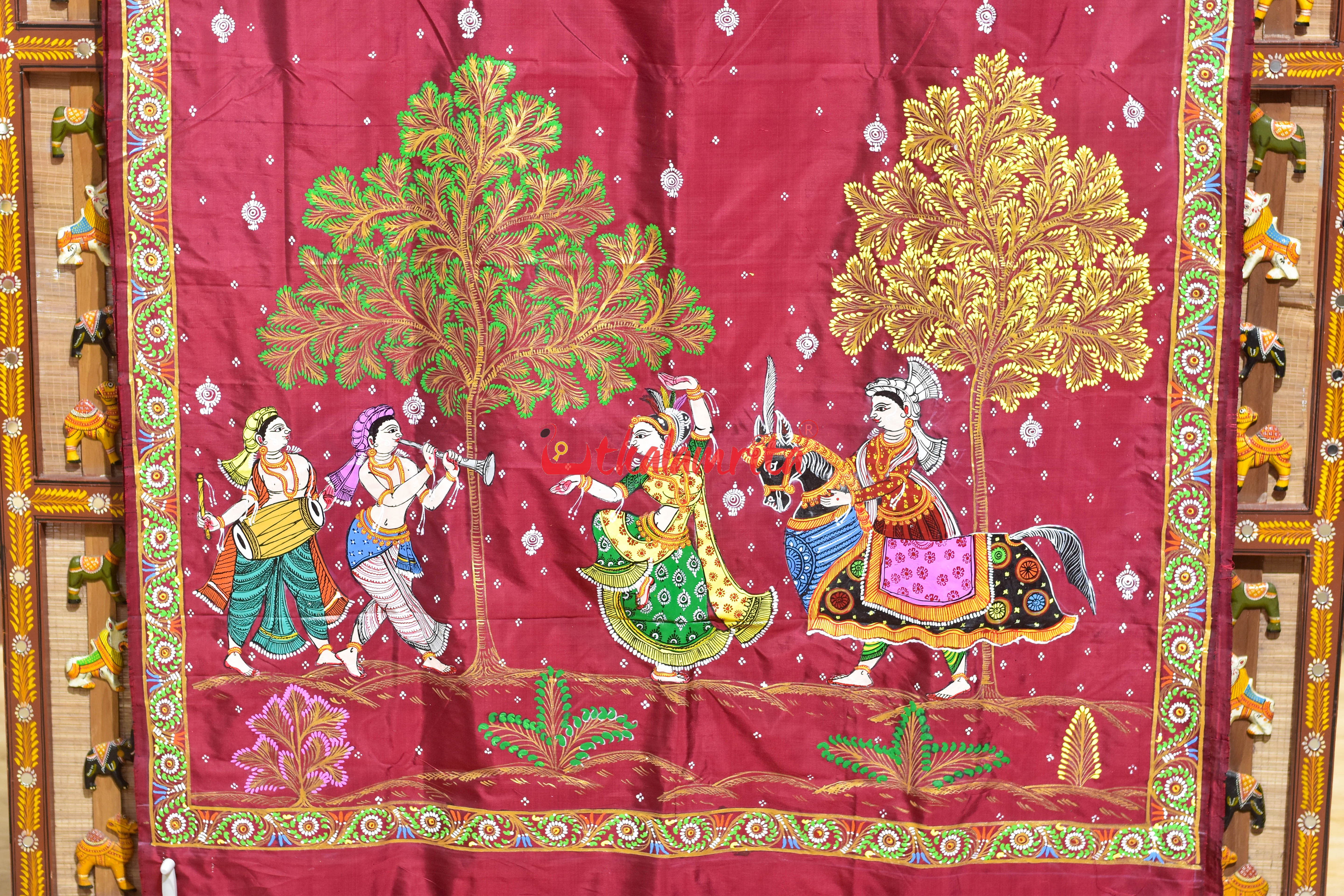 Maroon Ghoda Nacha Pattachitra Silk Saree