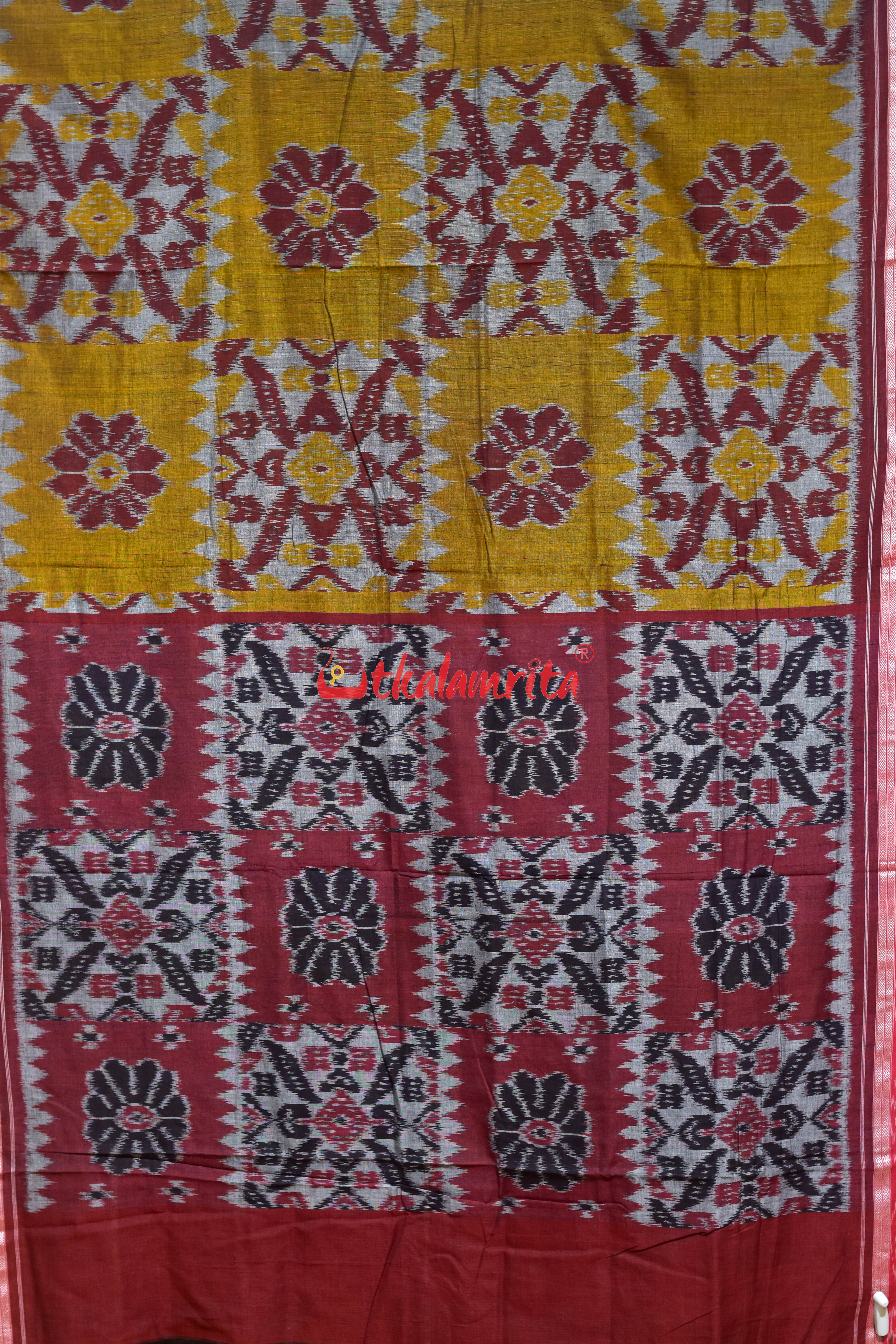Computer Grey Mustard Maroon Khandua Cotton Saree