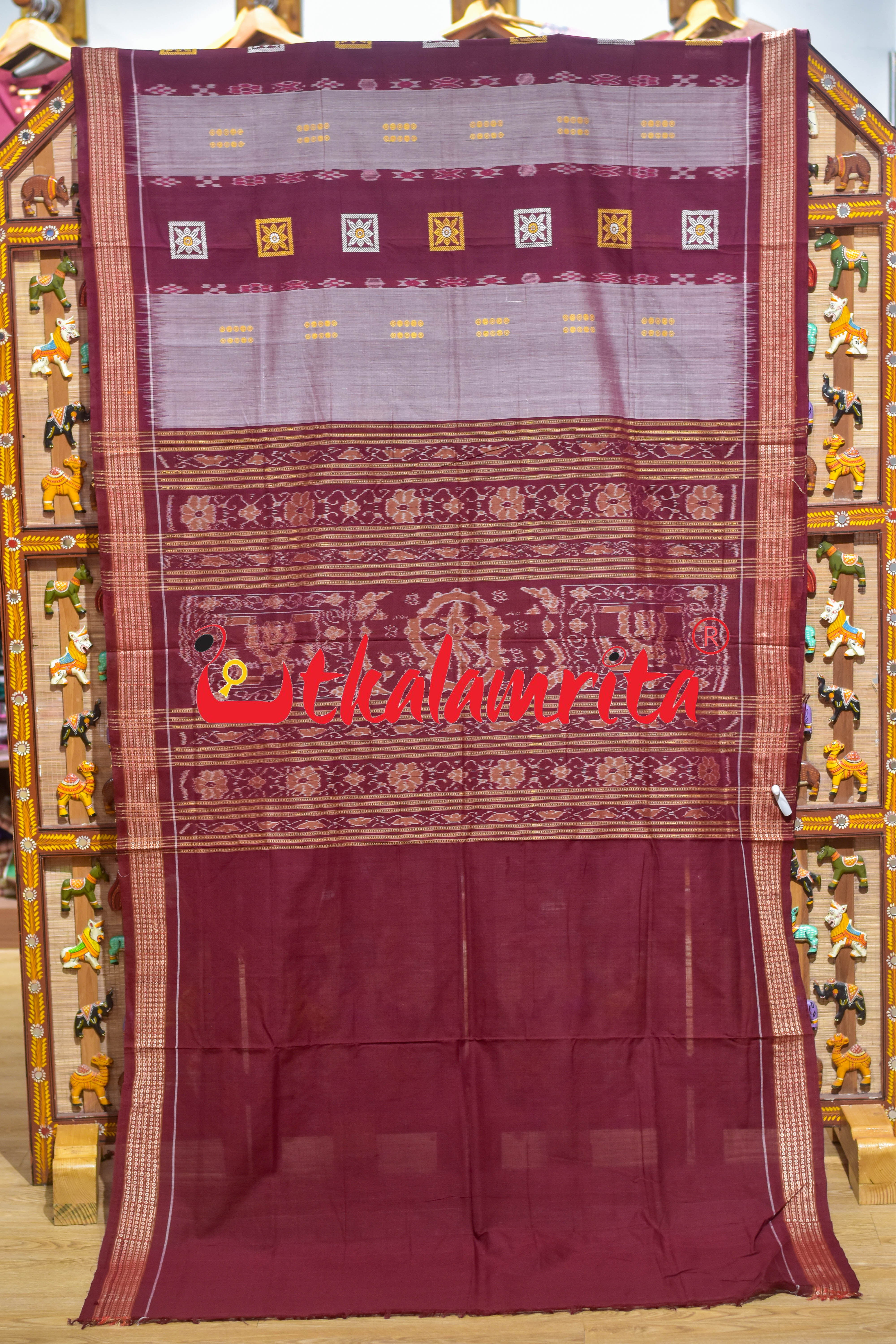 Maroon Flower Pere Bandha Bomkai Cotton Saree