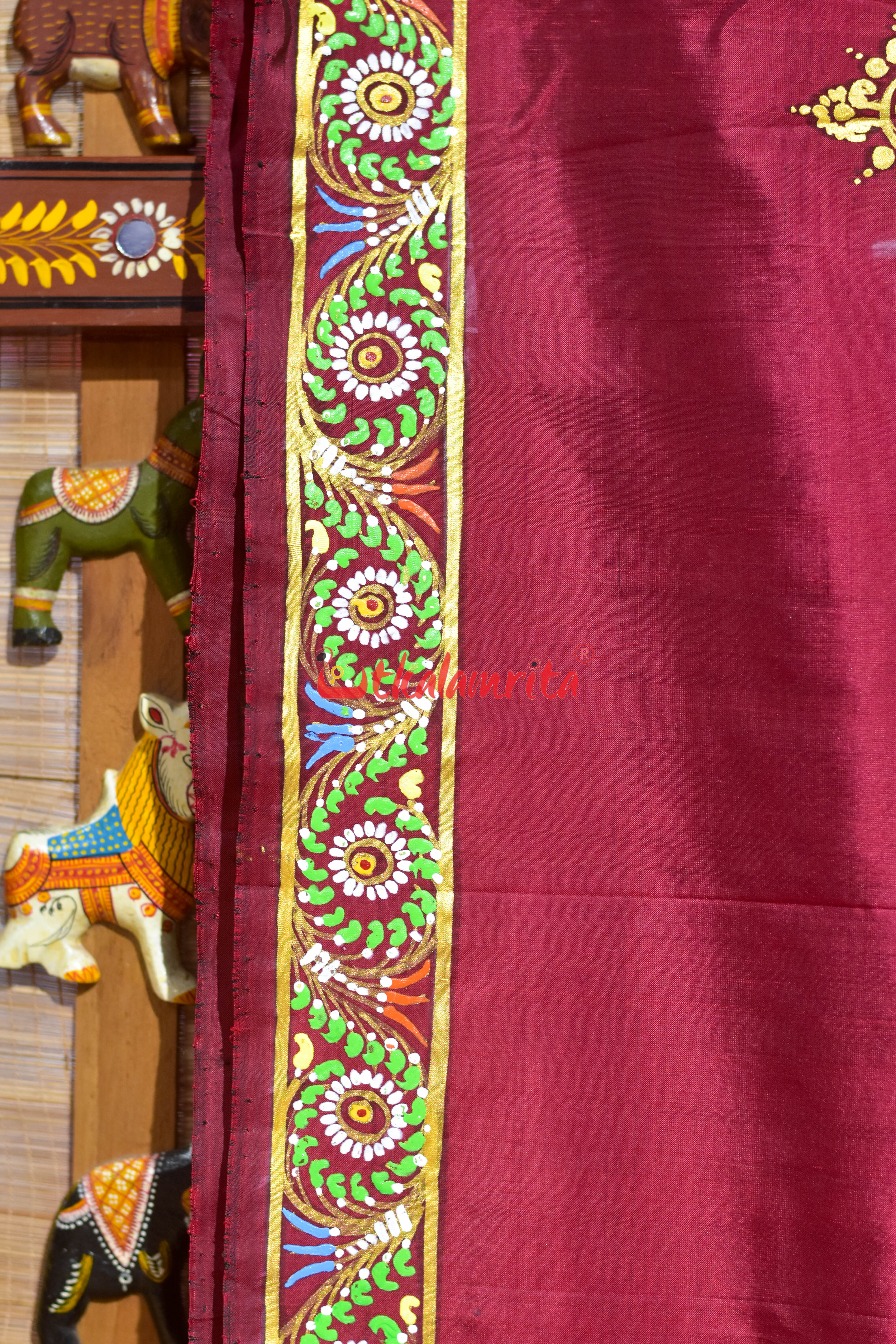 Maroon Ghoda Nacha Pattachitra Silk Saree
