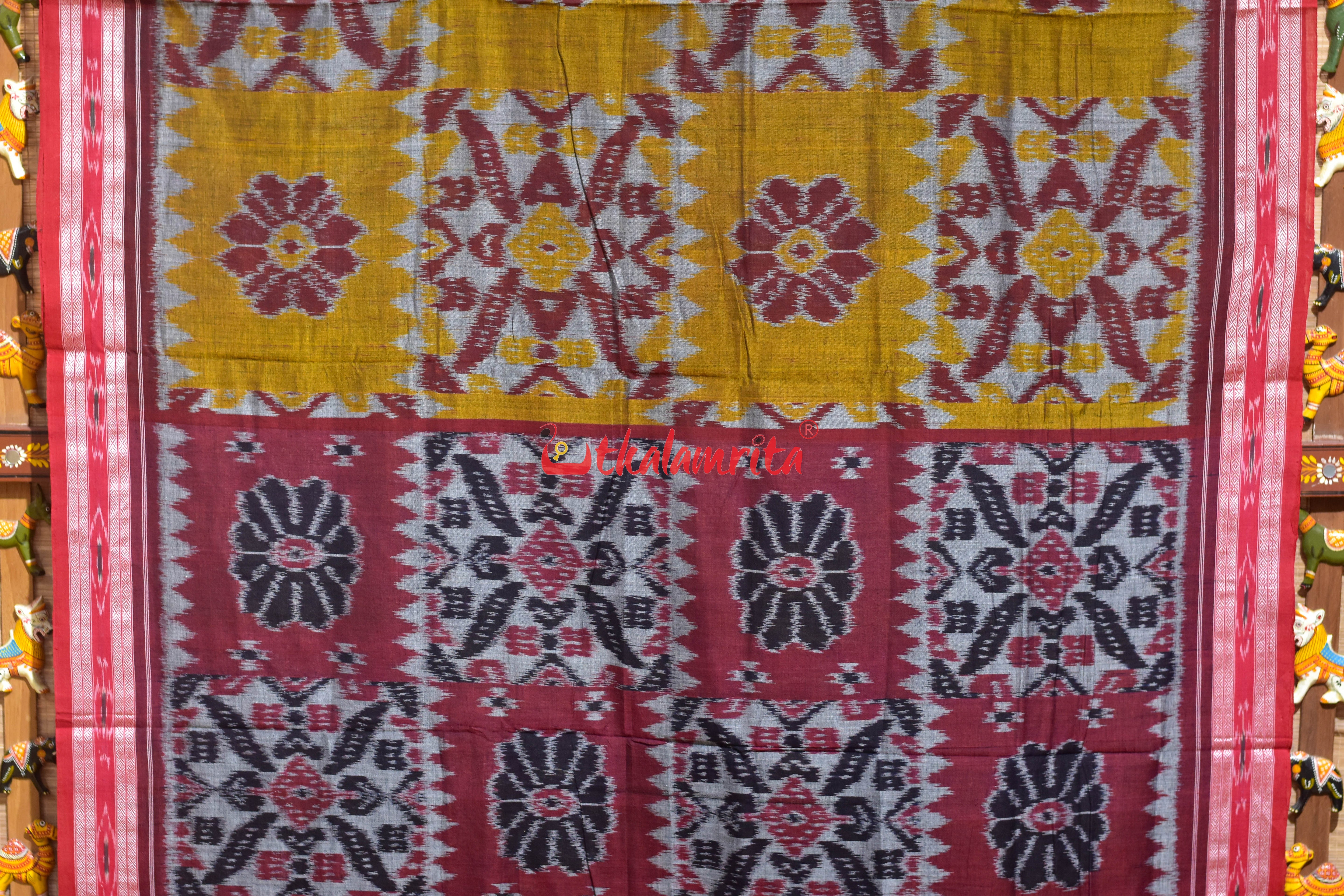 Computer Grey Mustard Maroon Khandua Cotton Saree