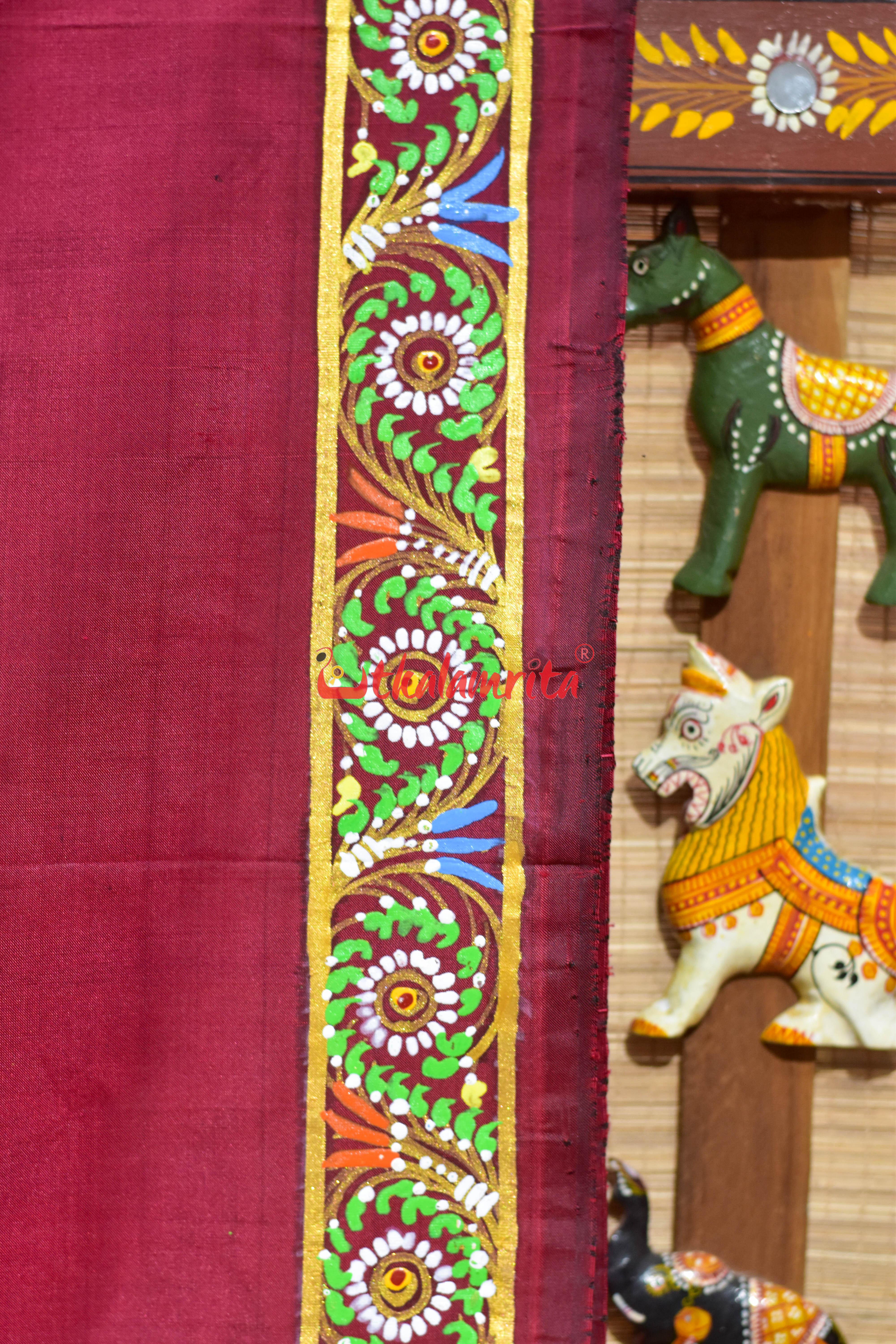 Maroon Ghoda Nacha Pattachitra Silk Saree