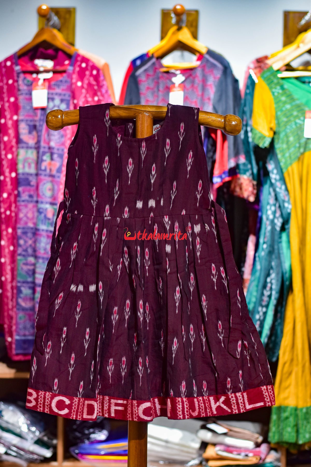 Maroon Labanga Bandha English Alphabets (Kid's Frock)