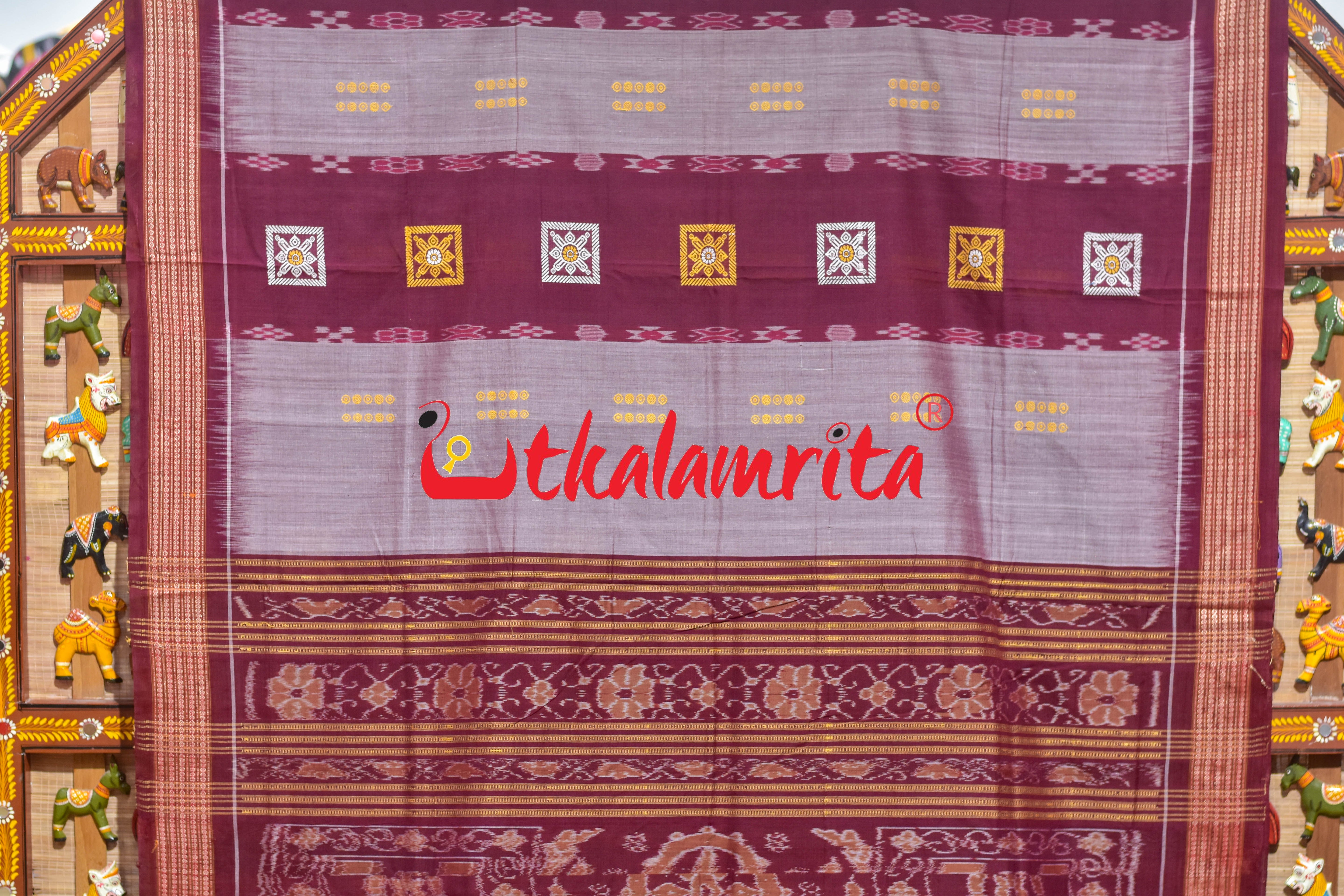 Maroon Flower Pere Bandha Bomkai Cotton Saree