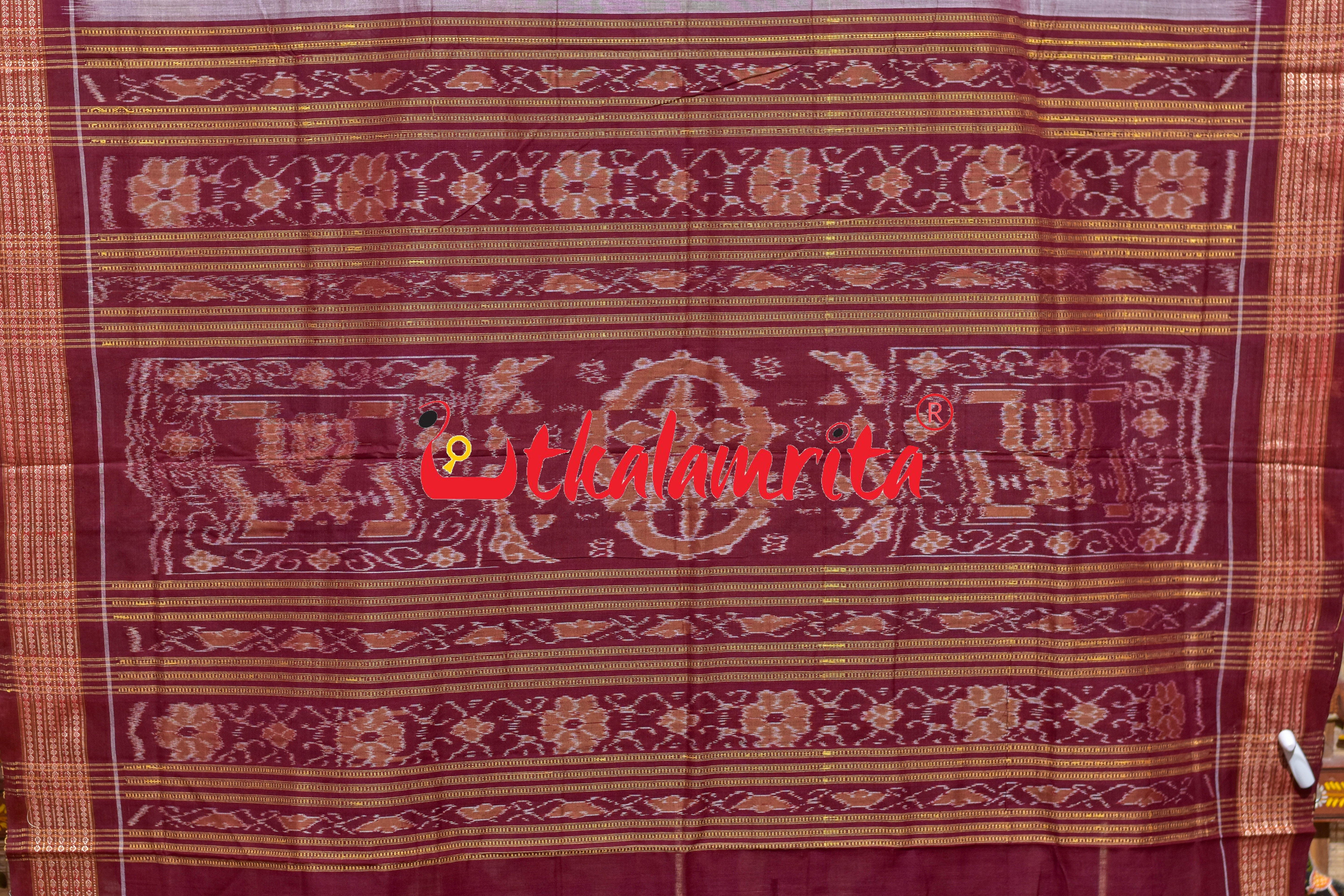 Maroon Flower Pere Bandha Bomkai Cotton Saree