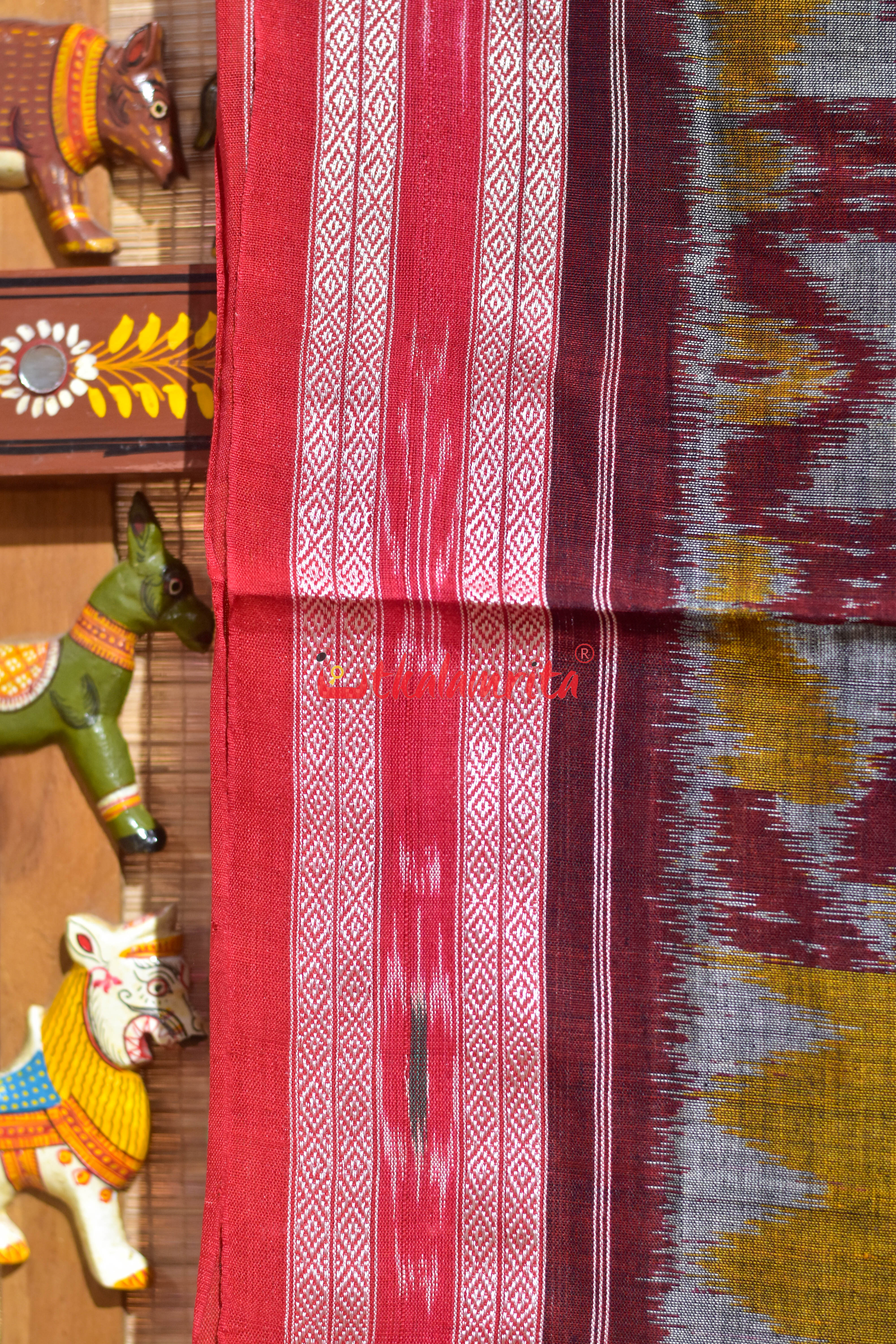 Computer Grey Mustard Maroon Khandua Cotton Saree