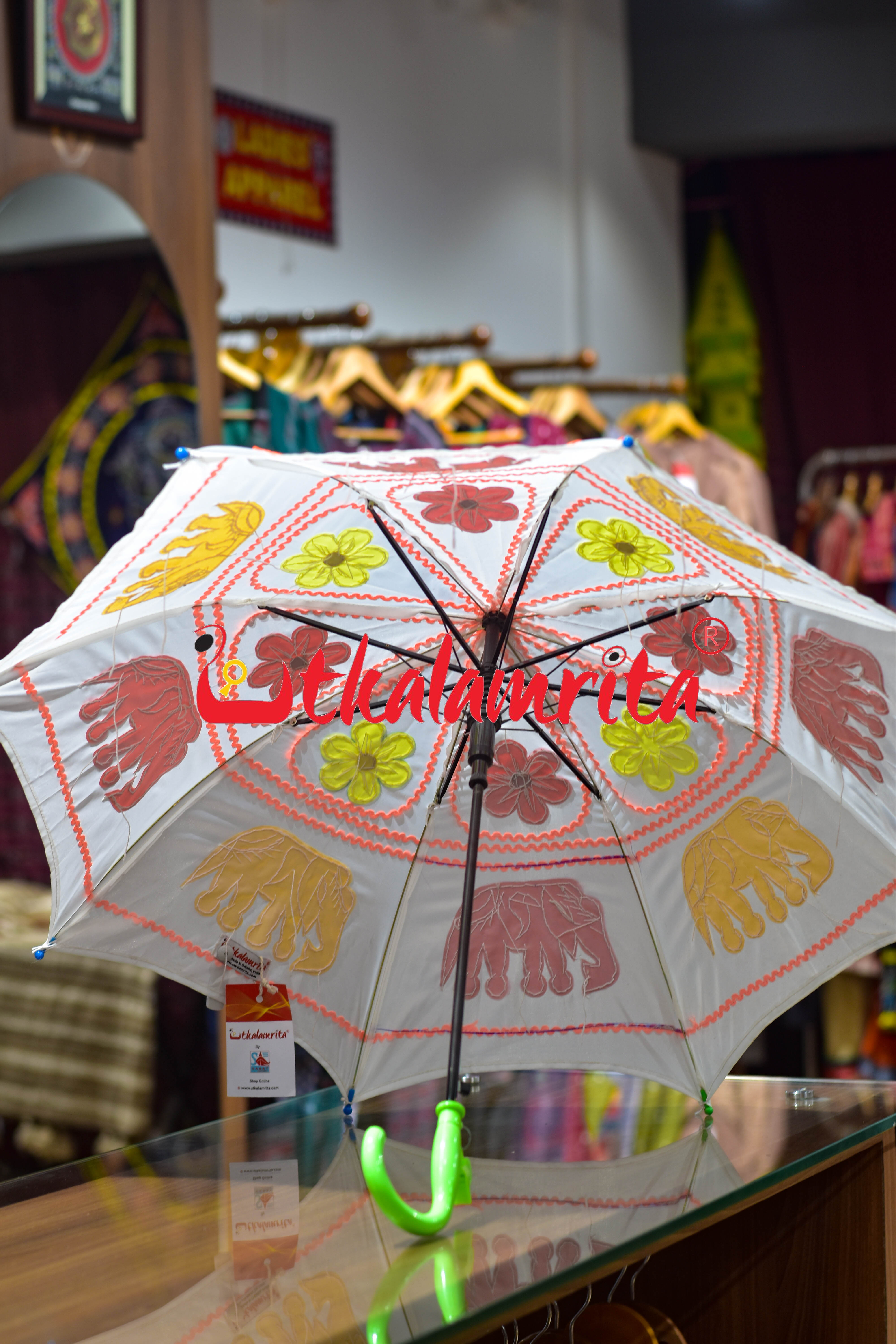 White Yellow Elephants Pipli Waterproof Umbrella