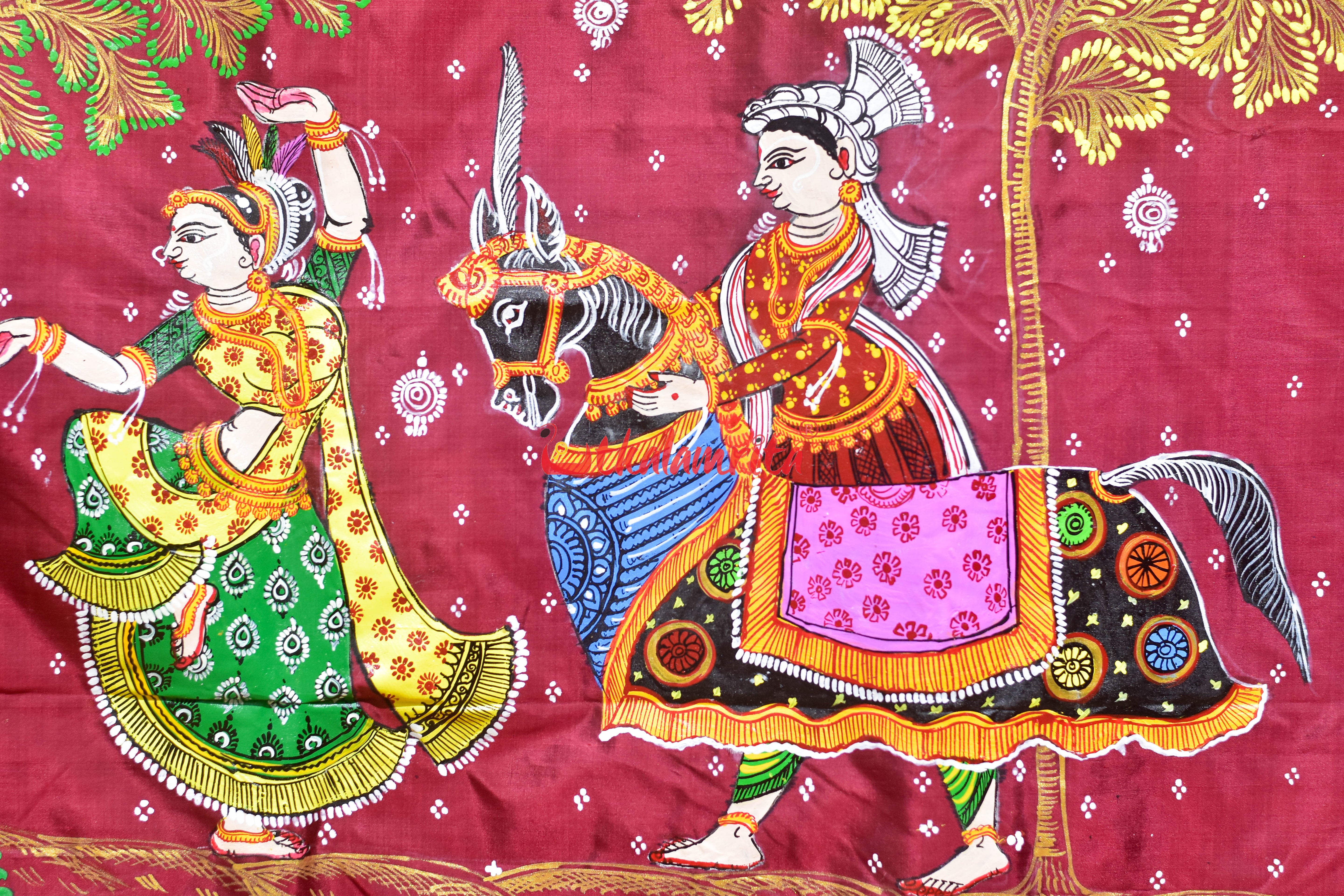 Maroon Ghoda Nacha Pattachitra Silk Saree
