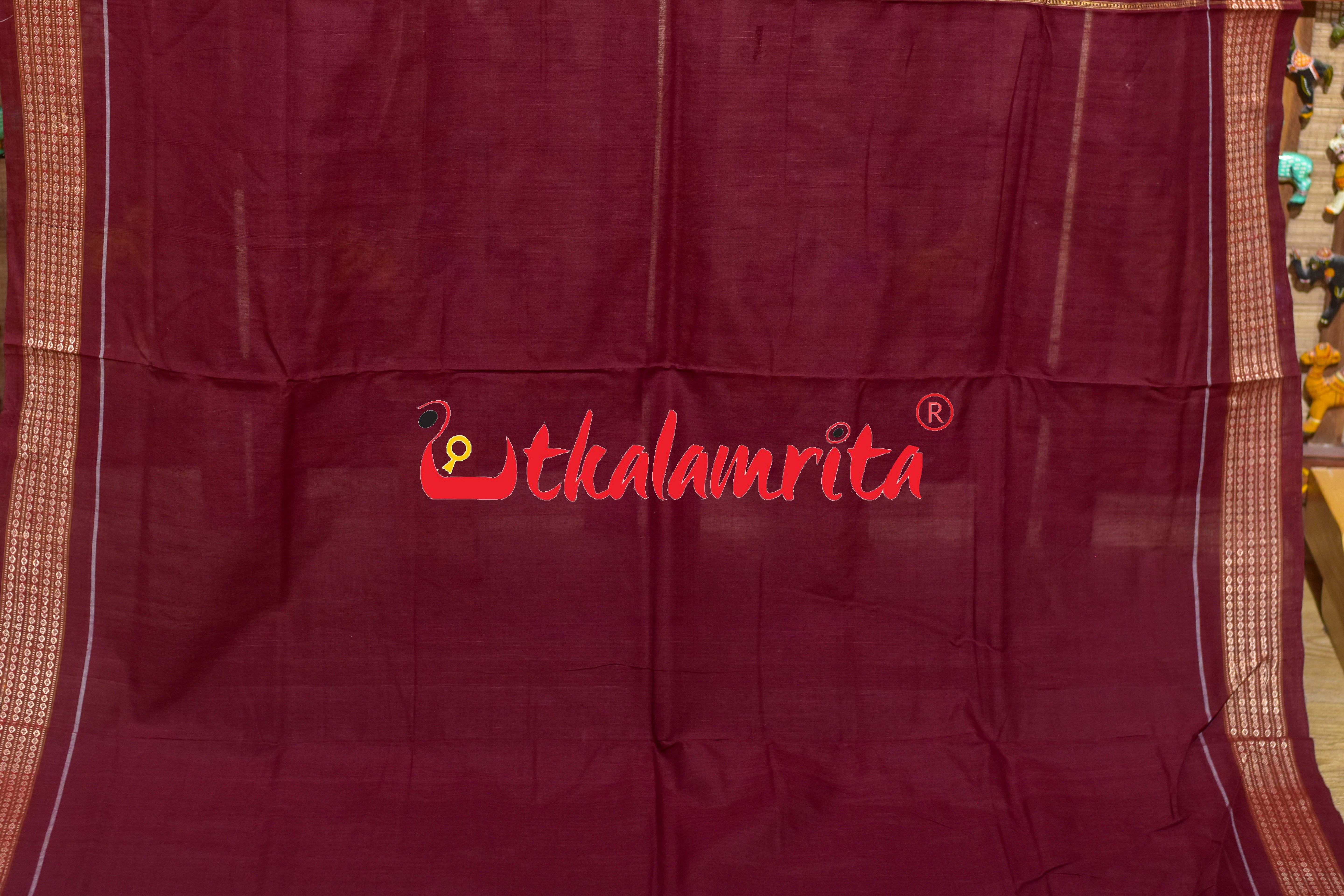 Maroon Flower Pere Bandha Bomkai Cotton Saree