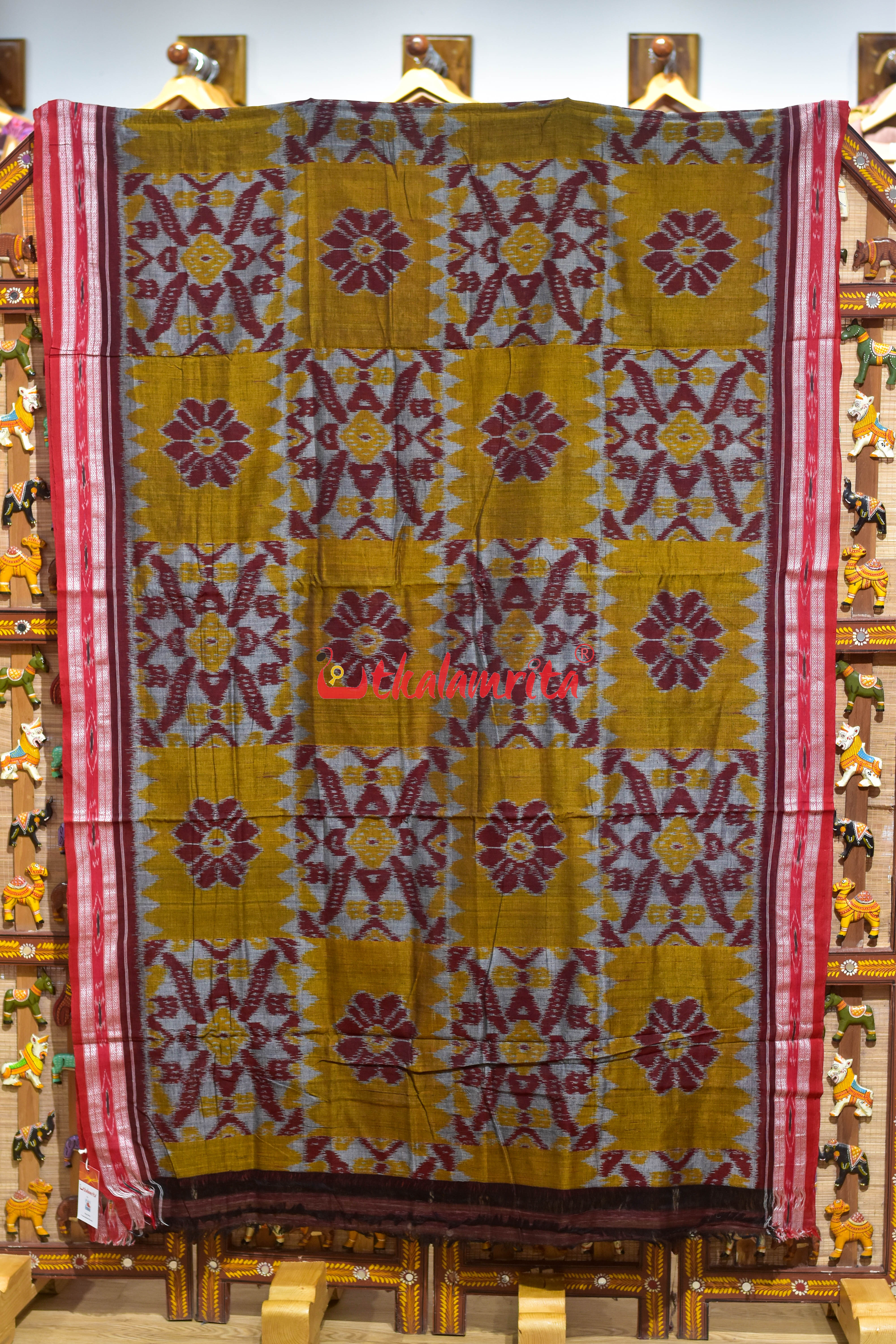 Computer Grey Mustard Maroon Khandua Cotton Saree