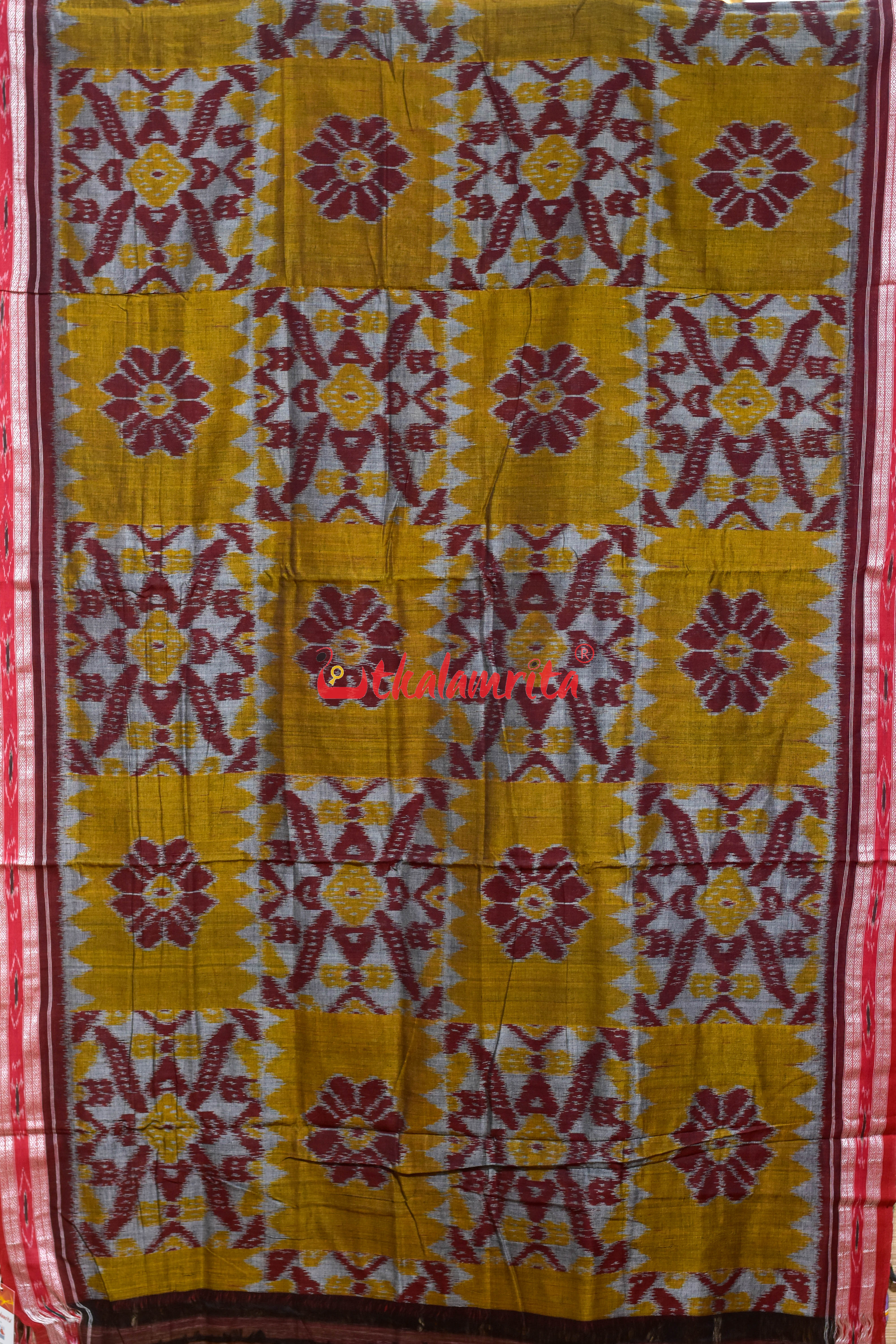 Computer Grey Mustard Maroon Khandua Cotton Saree