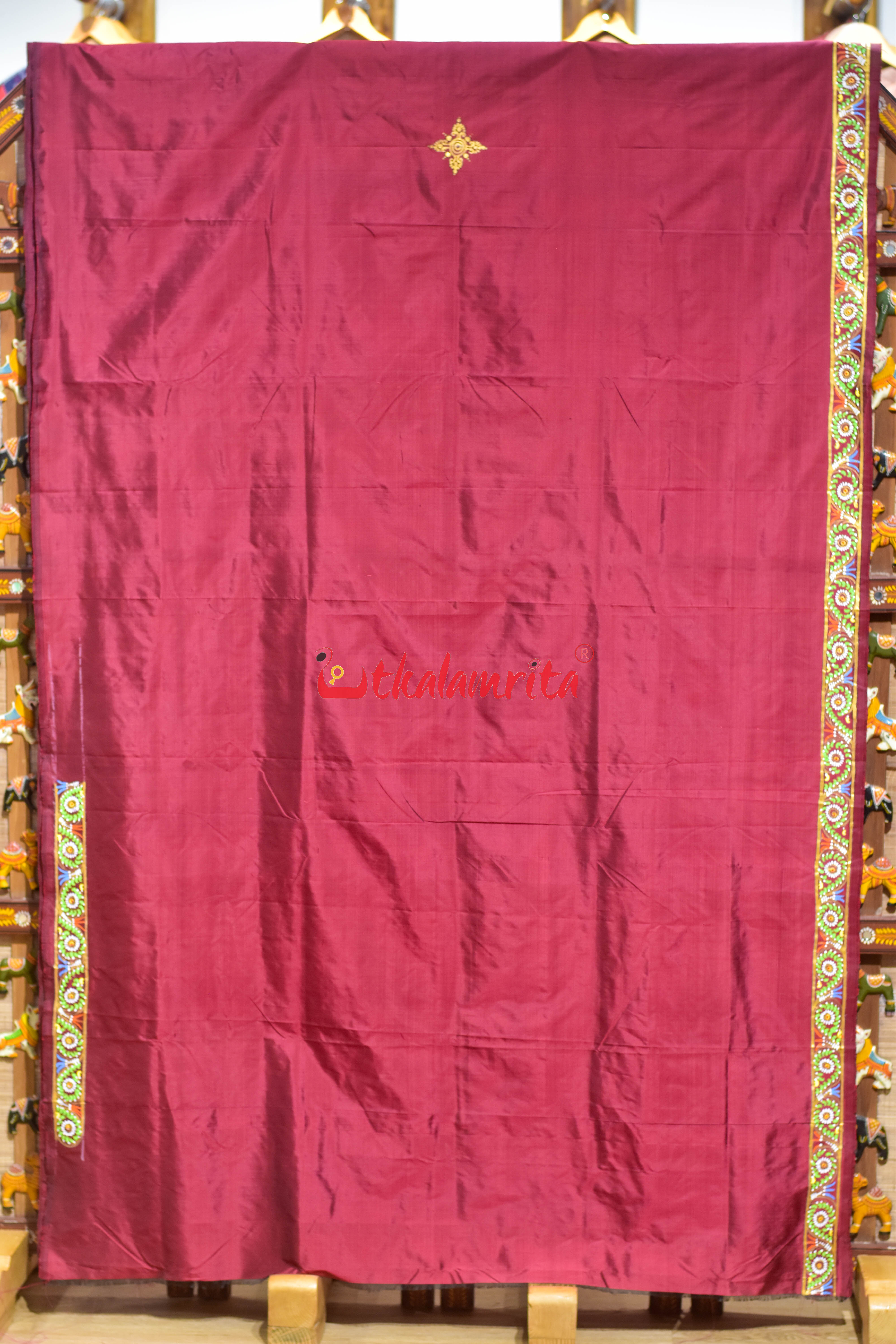 Maroon Ghoda Nacha Pattachitra Silk Saree