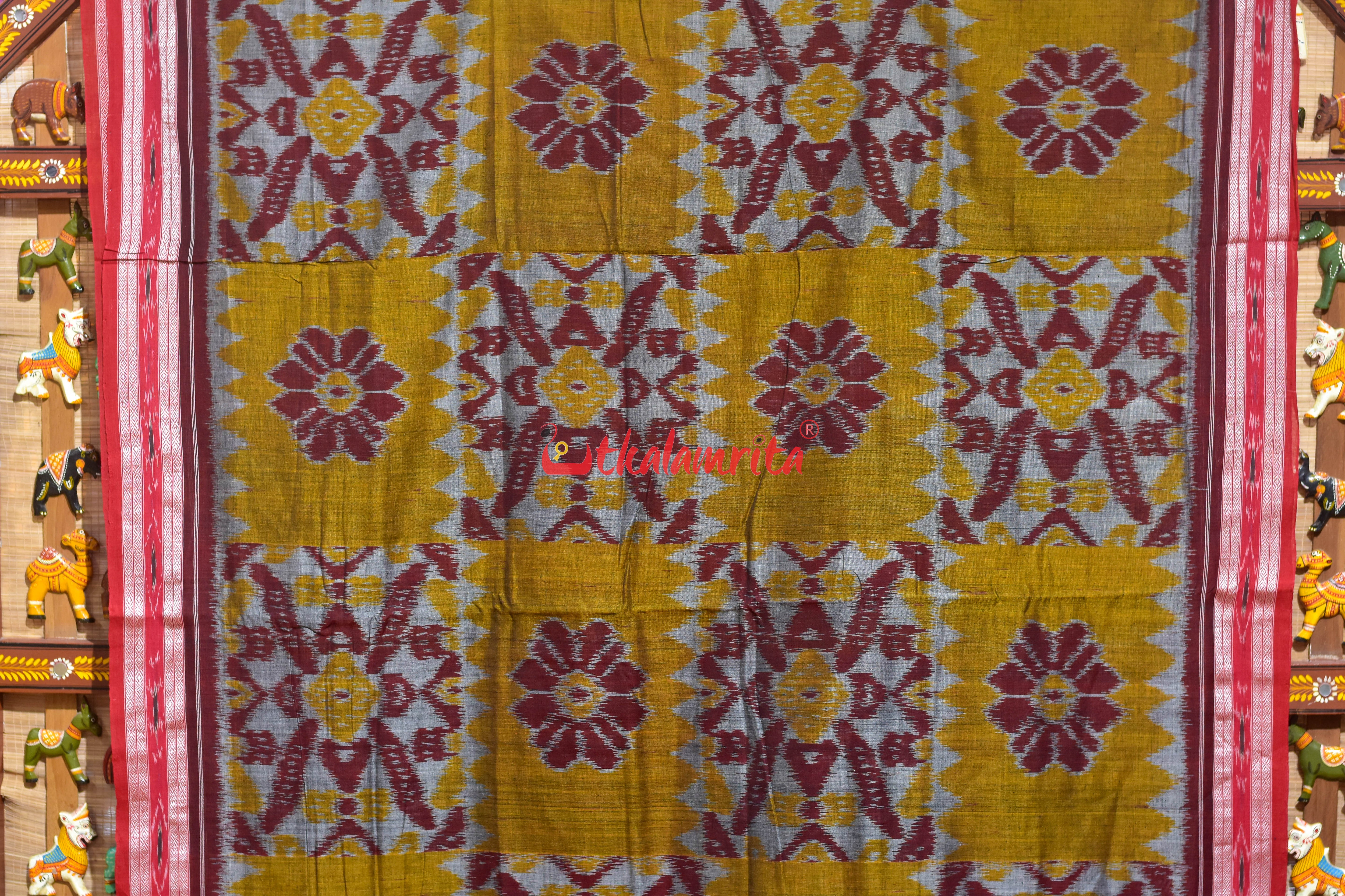 Computer Grey Mustard Maroon Khandua Cotton Saree