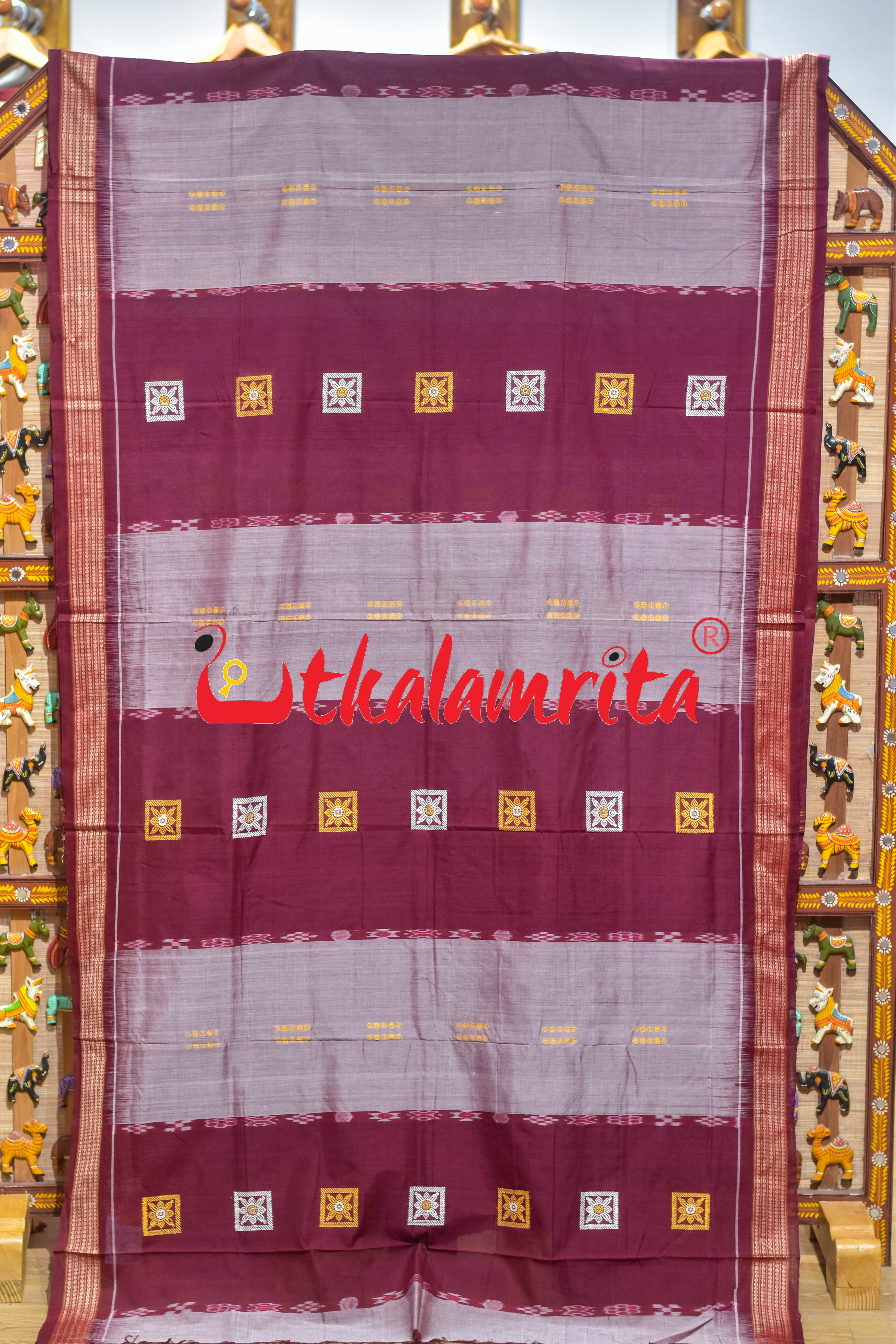 Maroon Flower Pere Bandha Bomkai Cotton Saree