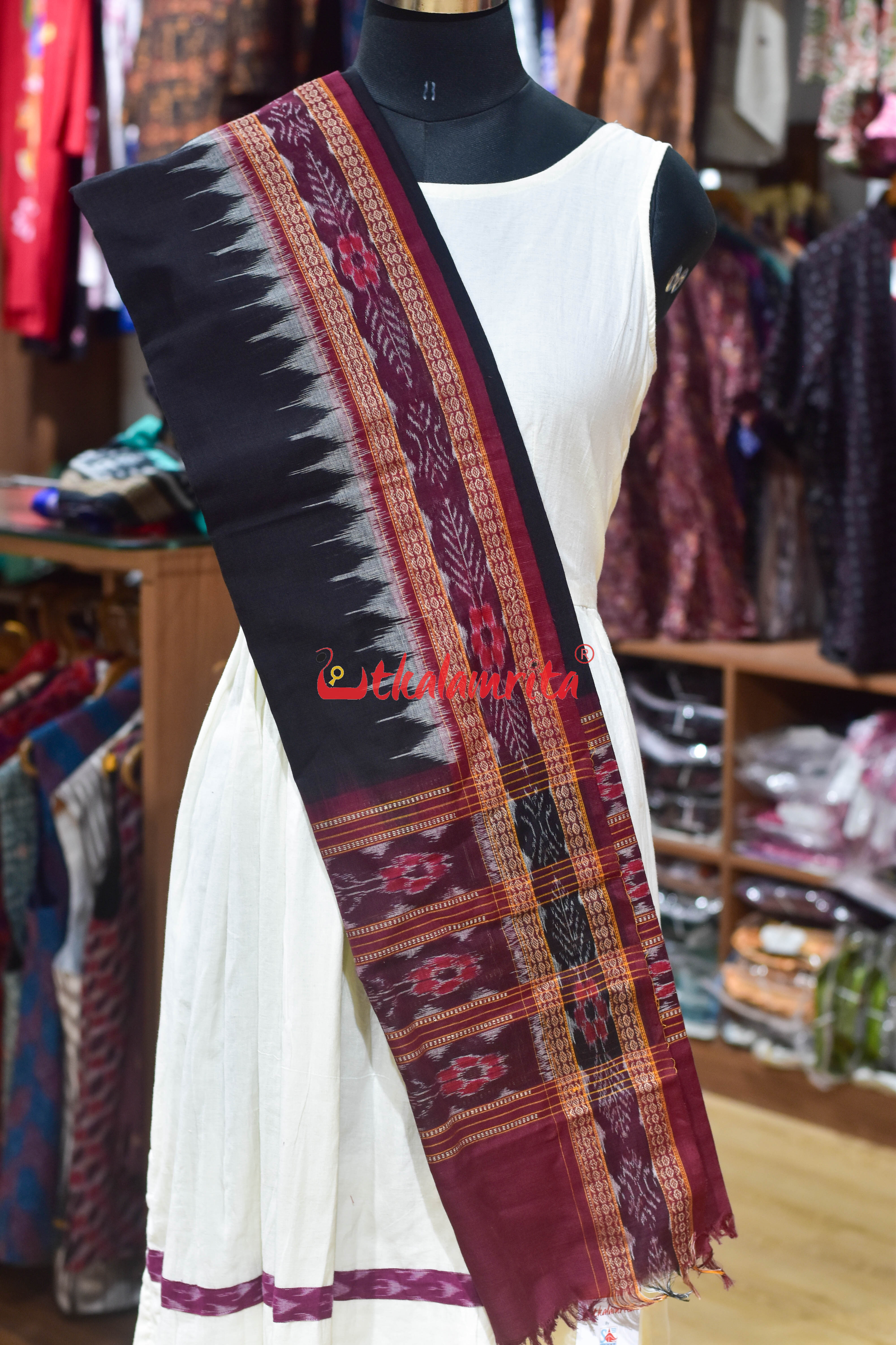 Black Maroon with Grey Kumbha Cotton (Dupatta)