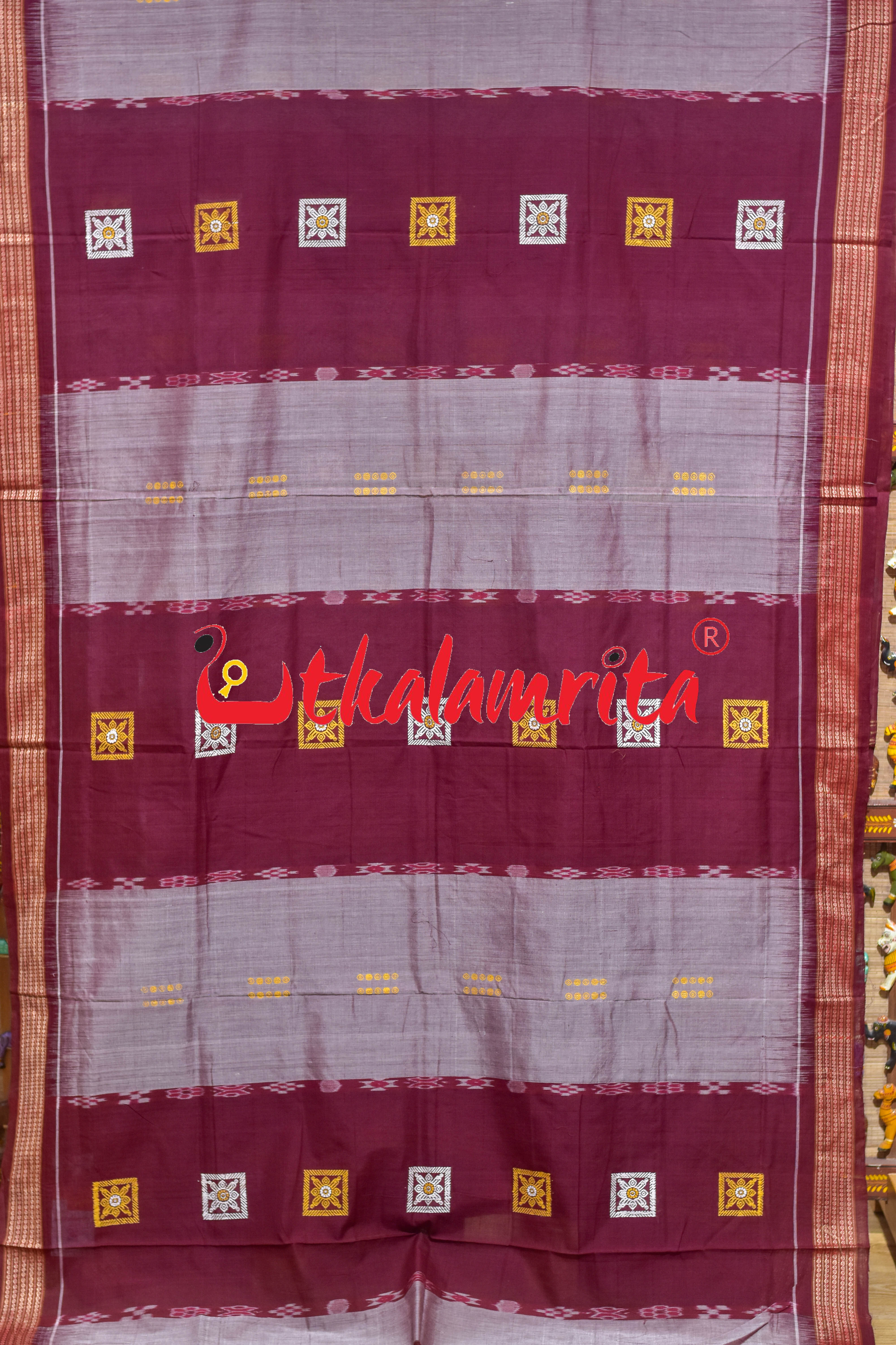 Maroon Flower Pere Bandha Bomkai Cotton Saree