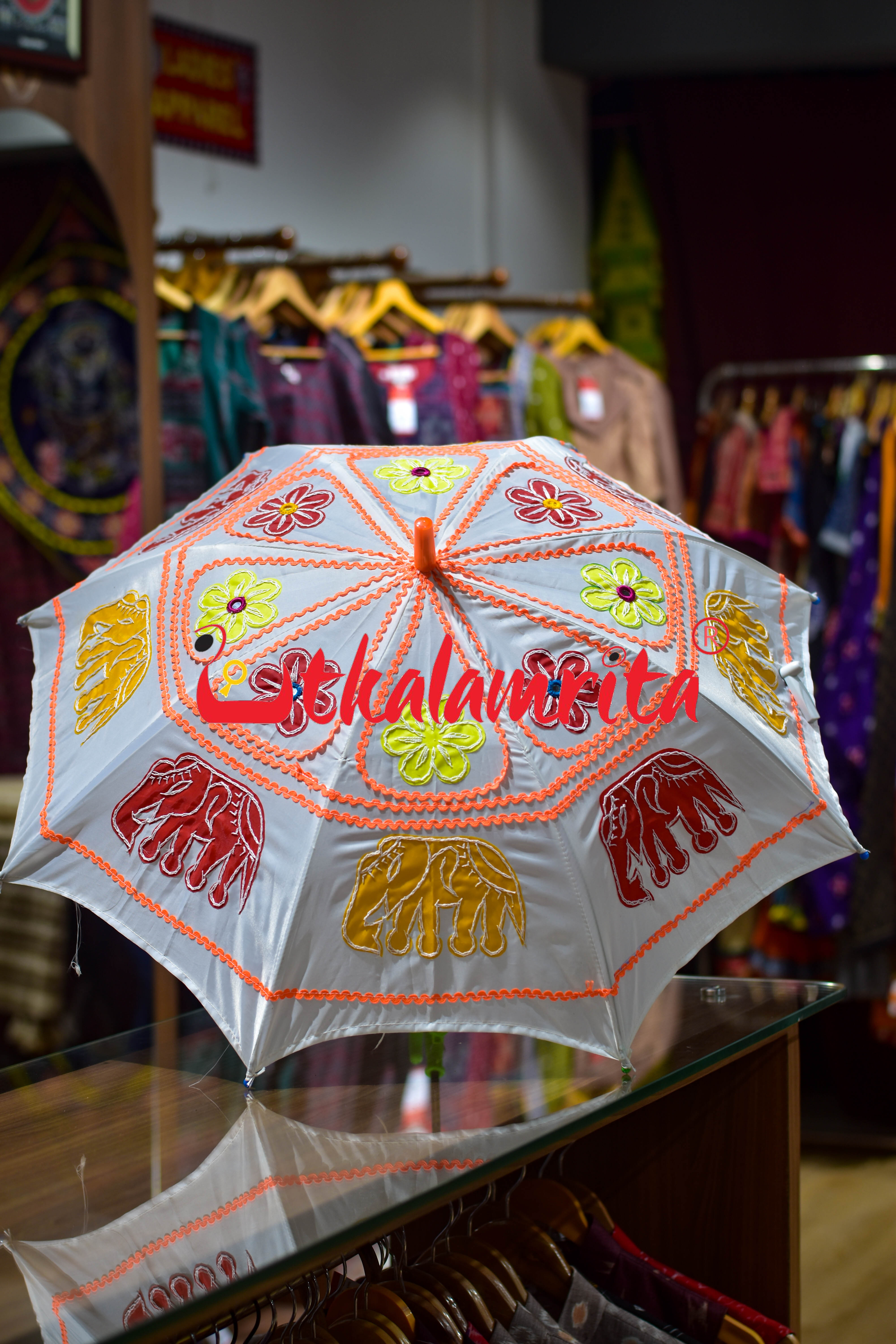White Yellow Elephants Pipli Waterproof Umbrella