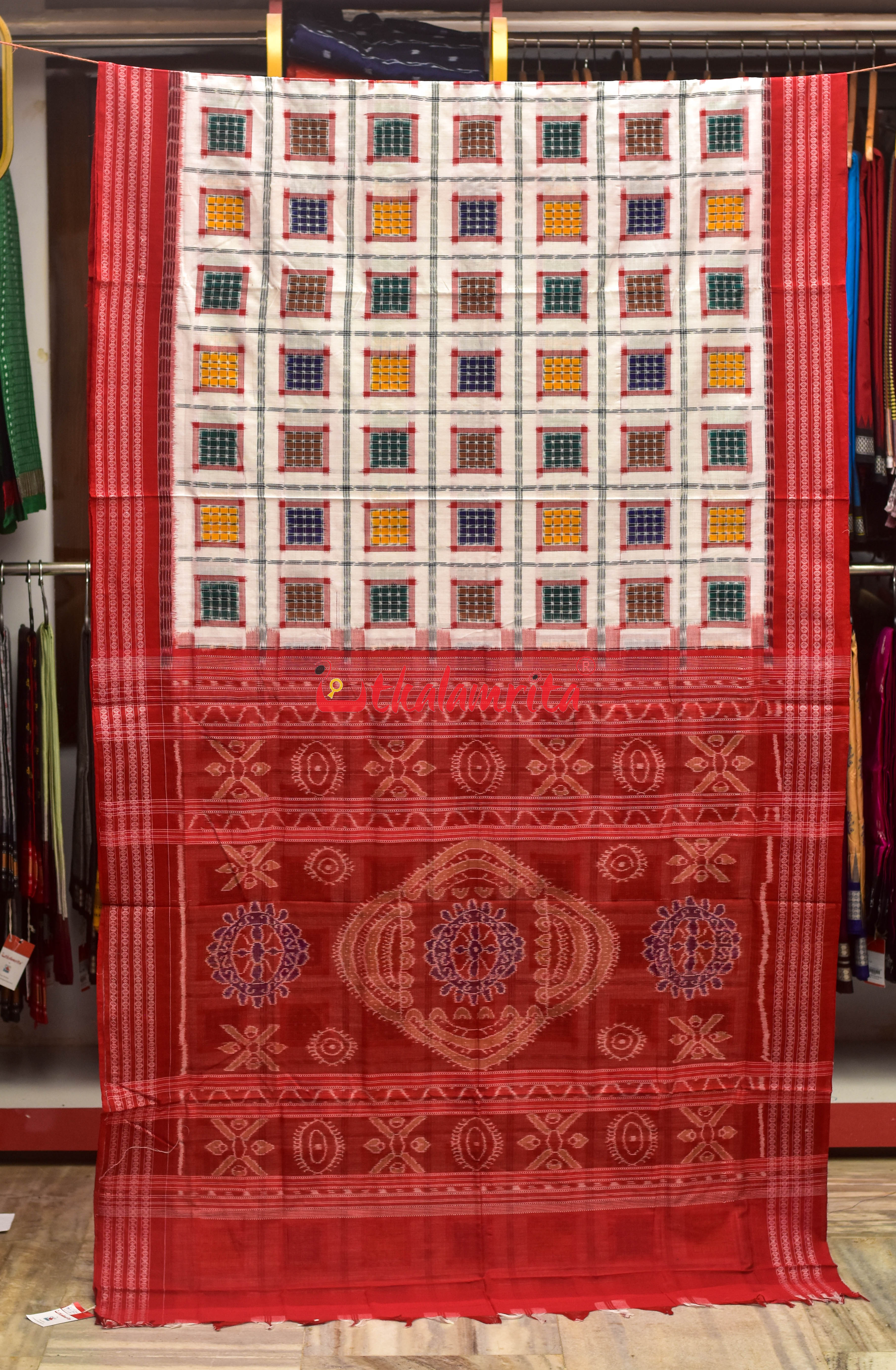 Aswini White Red Sambalpuri Cotton Saree