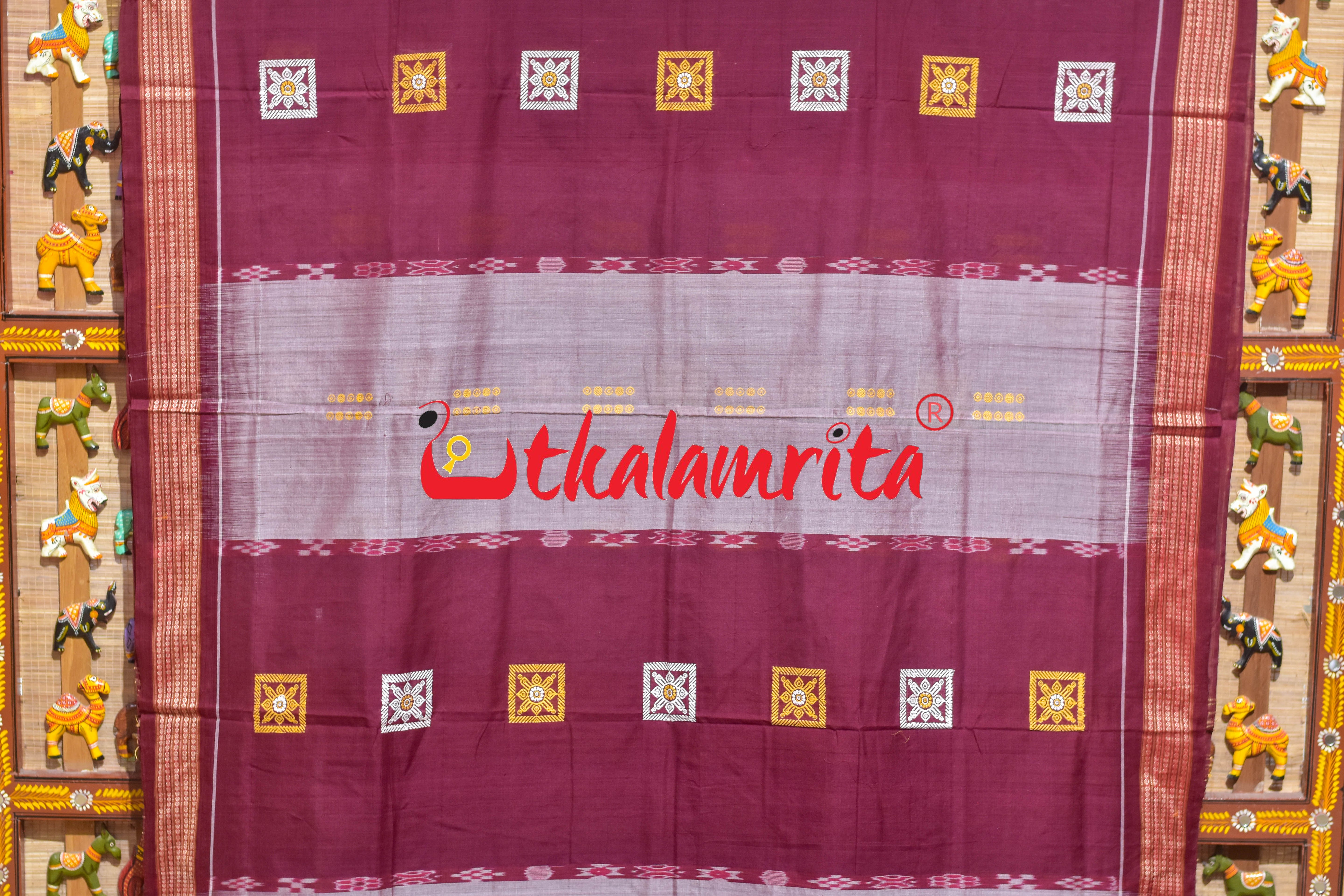Maroon Flower Pere Bandha Bomkai Cotton Saree