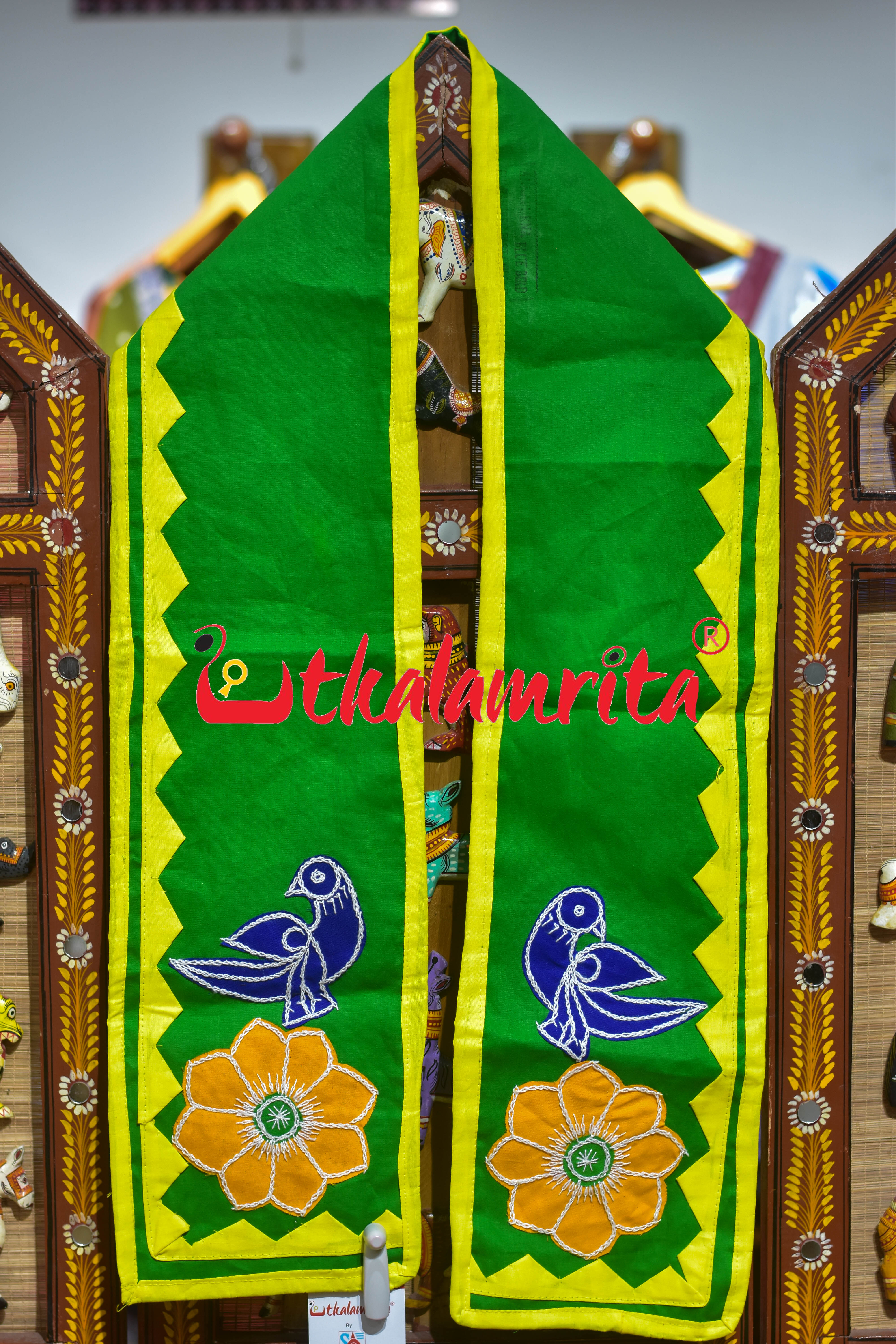 Green Blue Elephant Pipli Applique Uttariya