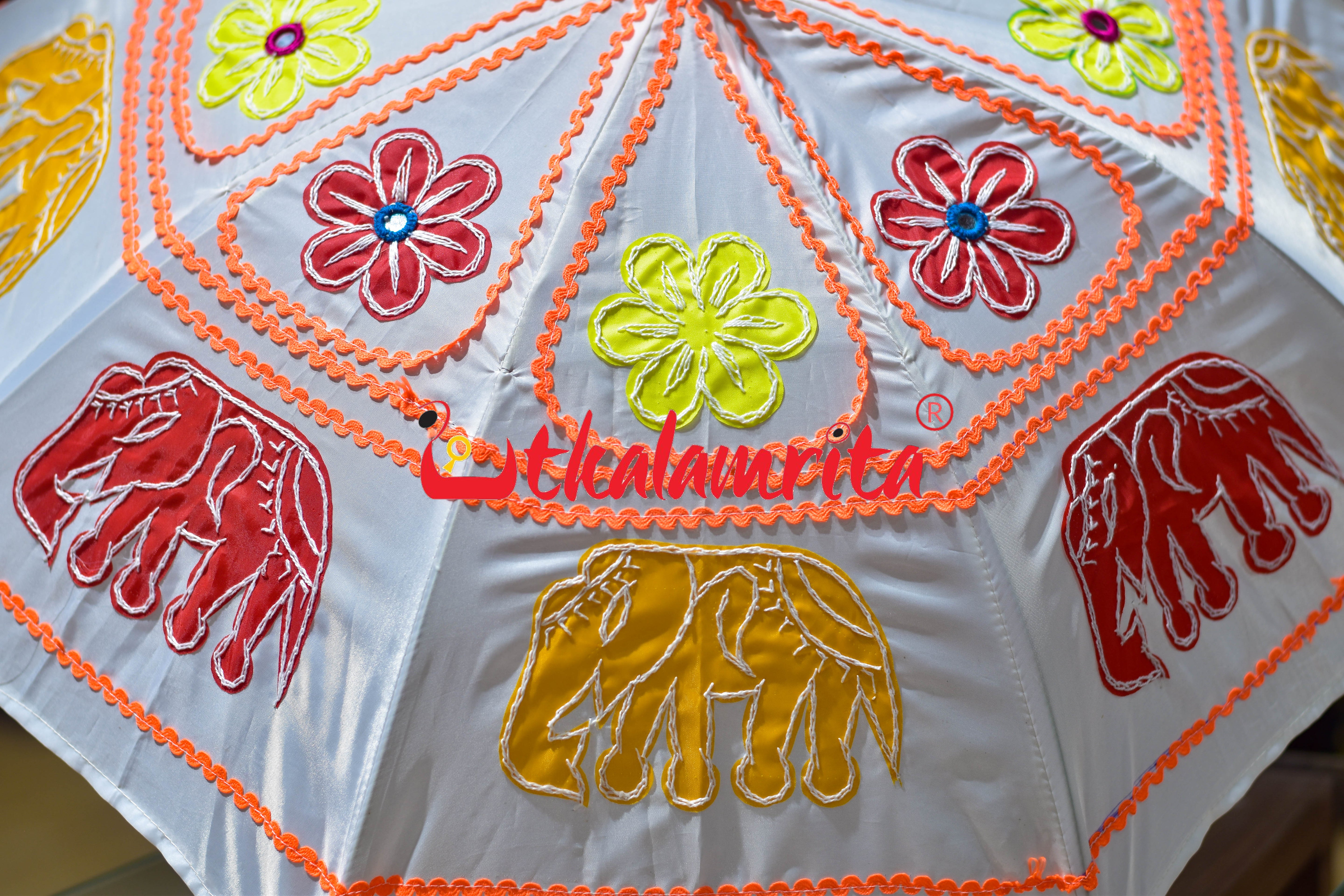 White Yellow Elephants Pipli Waterproof Umbrella