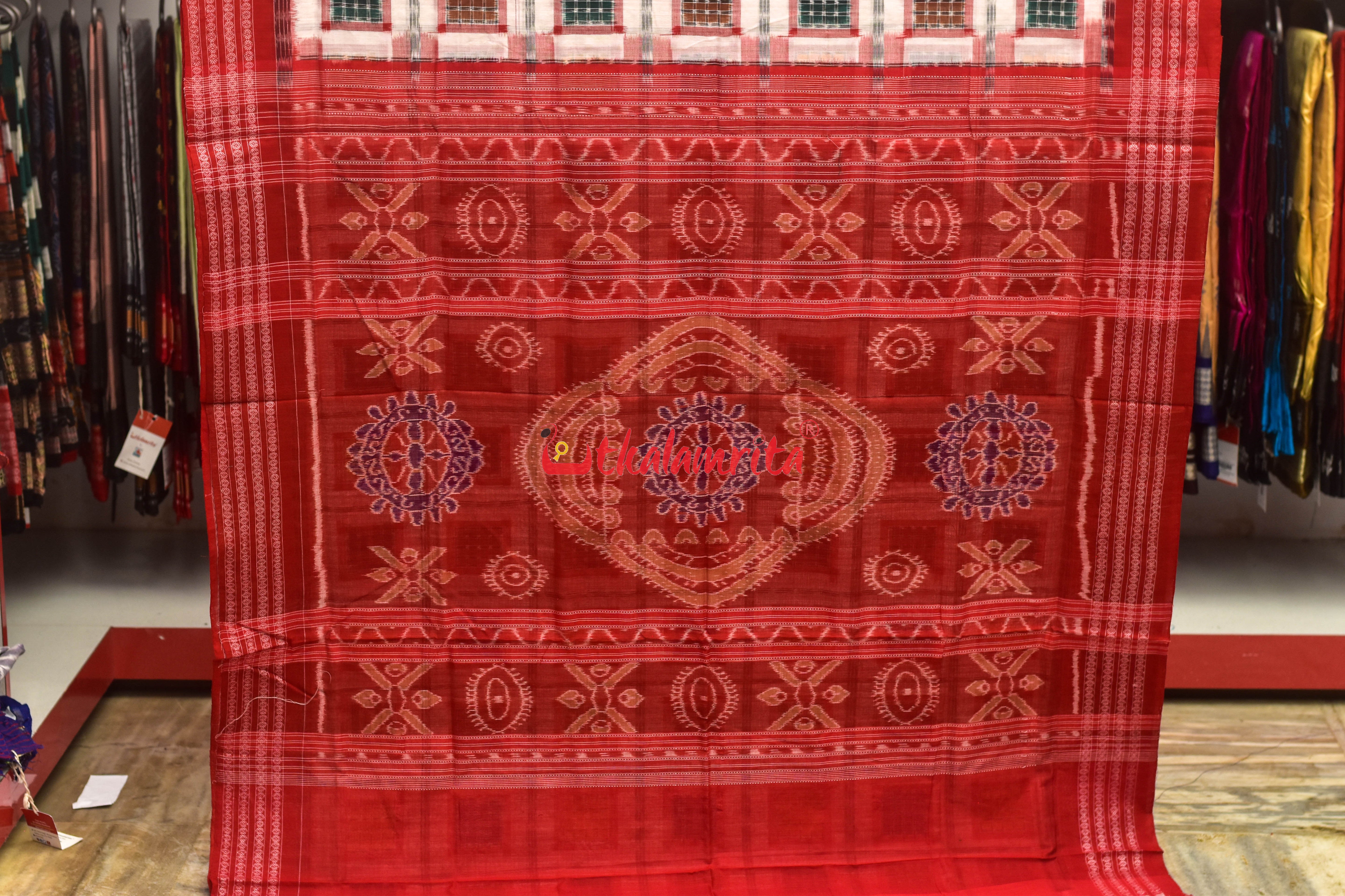 Aswini White Red Sambalpuri Cotton Saree