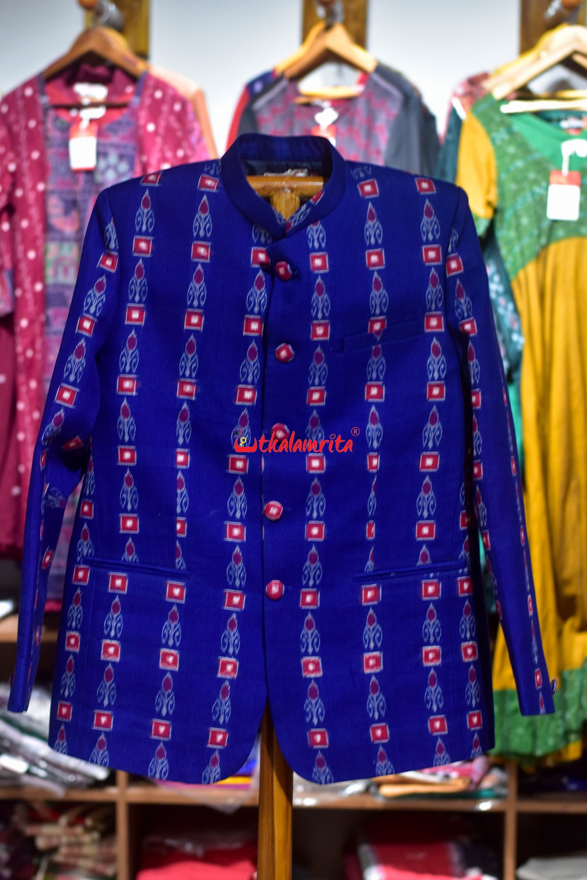 Blue Red Single Kadha Pasapali Sambalpuri (Men's Jodhpuri Coat)