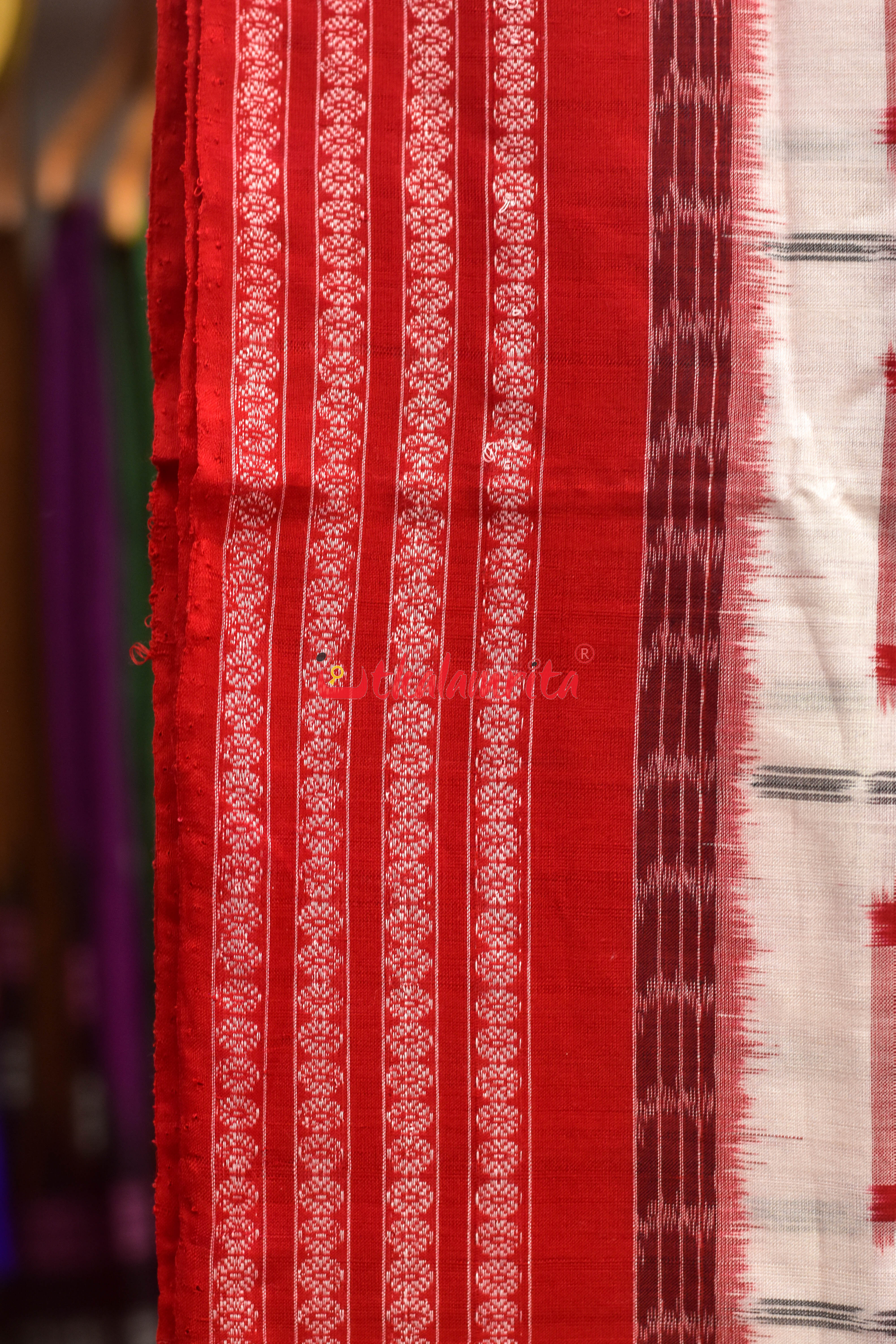 Aswini White Red Sambalpuri Cotton Saree