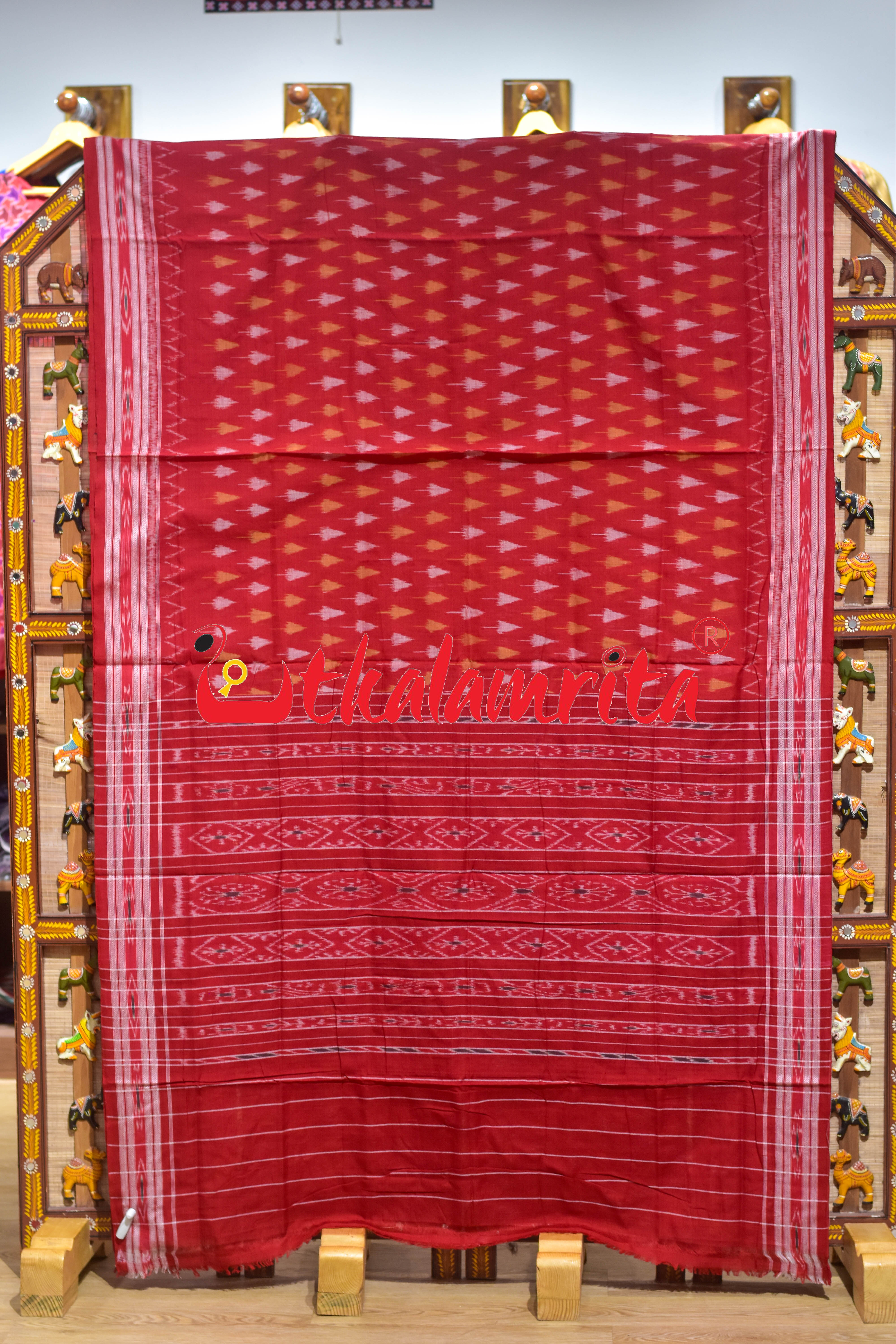 Self Red Chhatu Design Khandua Cotton Saree