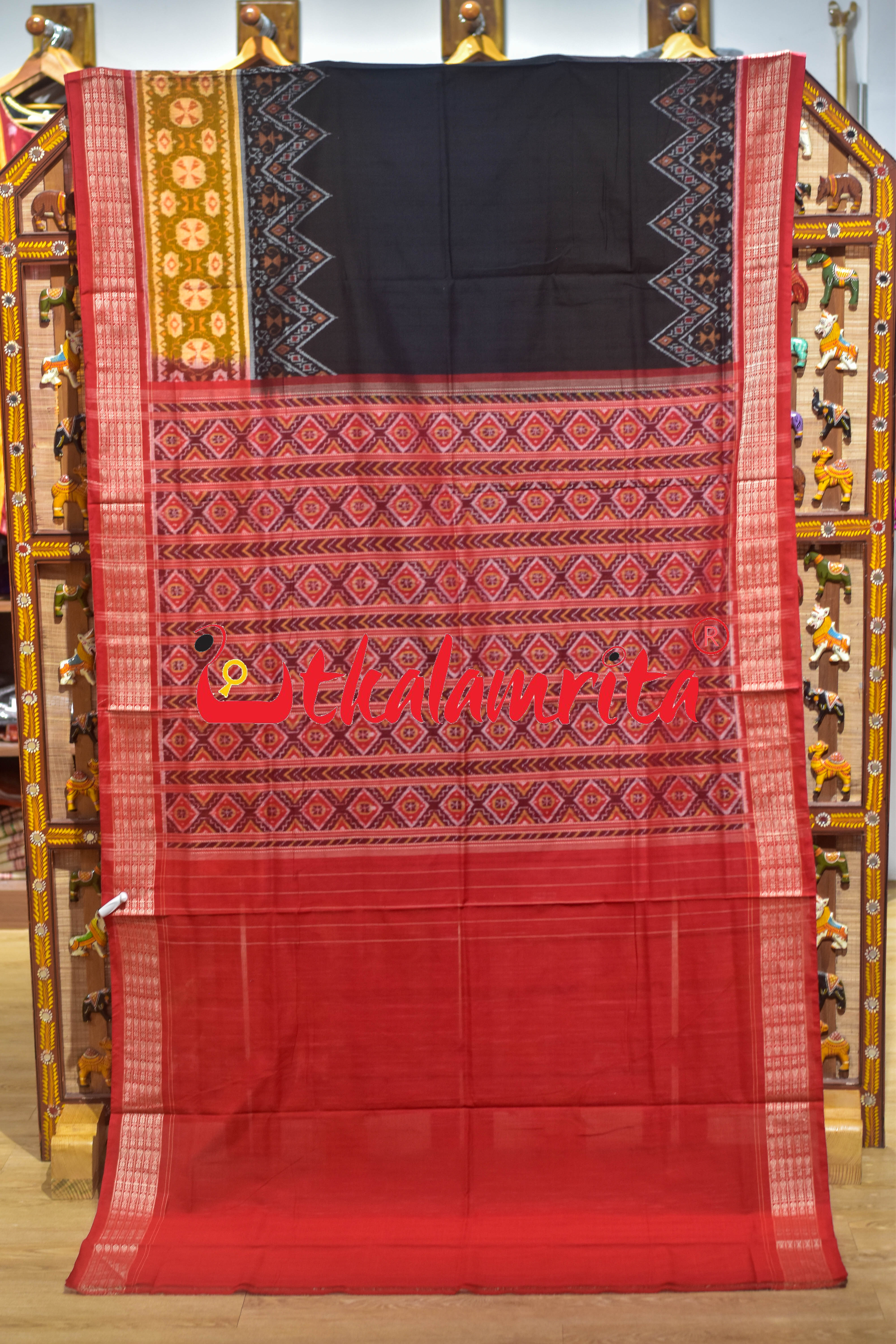 Black Red Tribal Scot Sambalpuri Cotton Saree