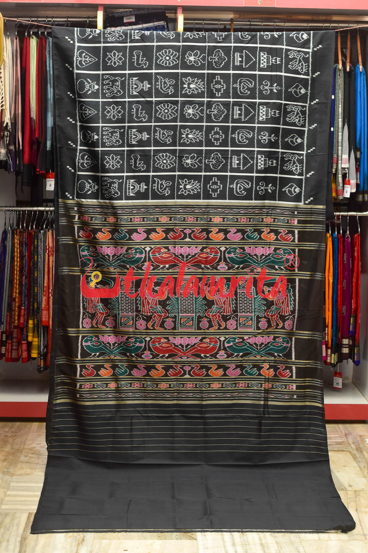 Black Diagonal Pasapali Border Nabarangi Silk Saree