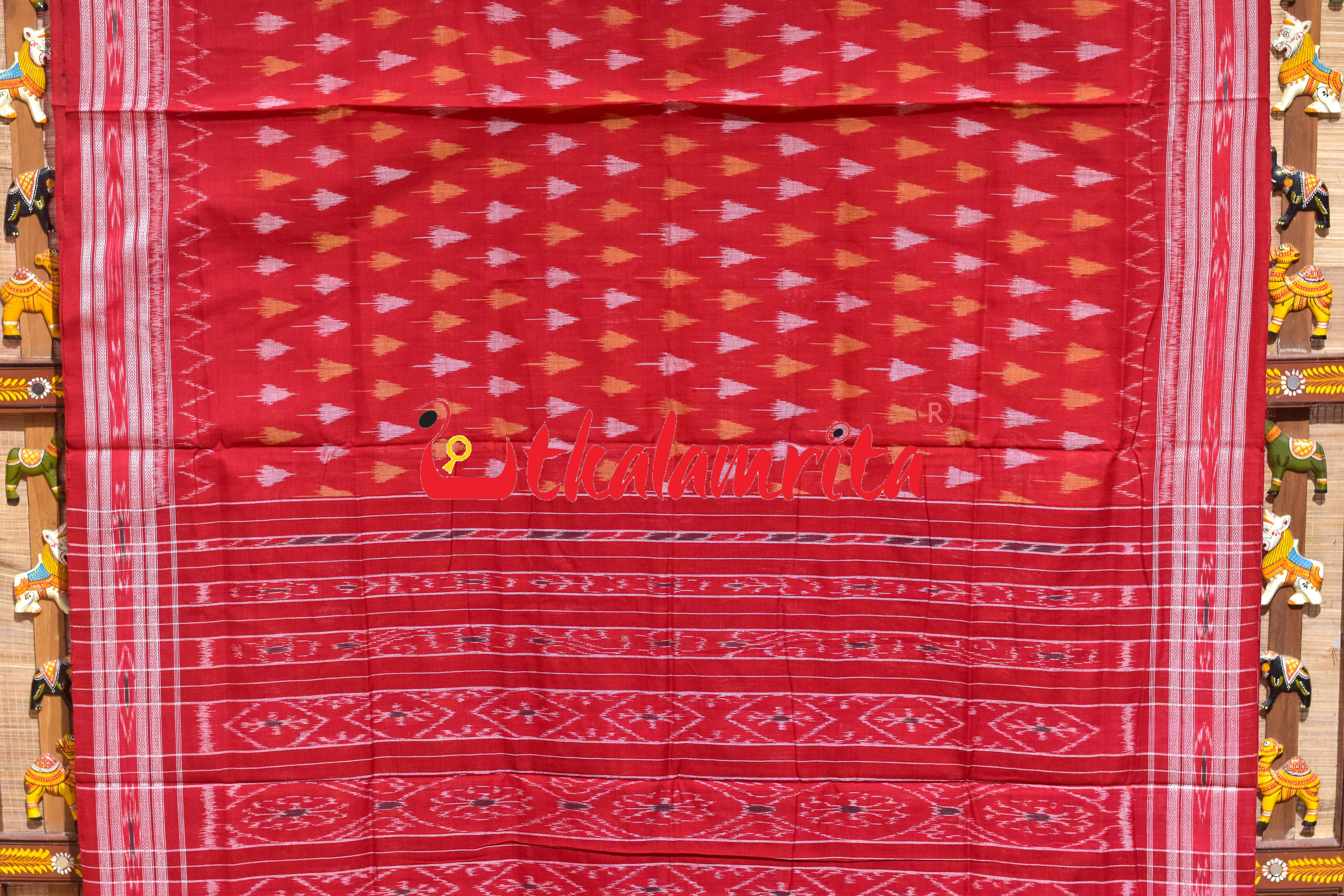 Self Red Chhatu Design Khandua Cotton Saree
