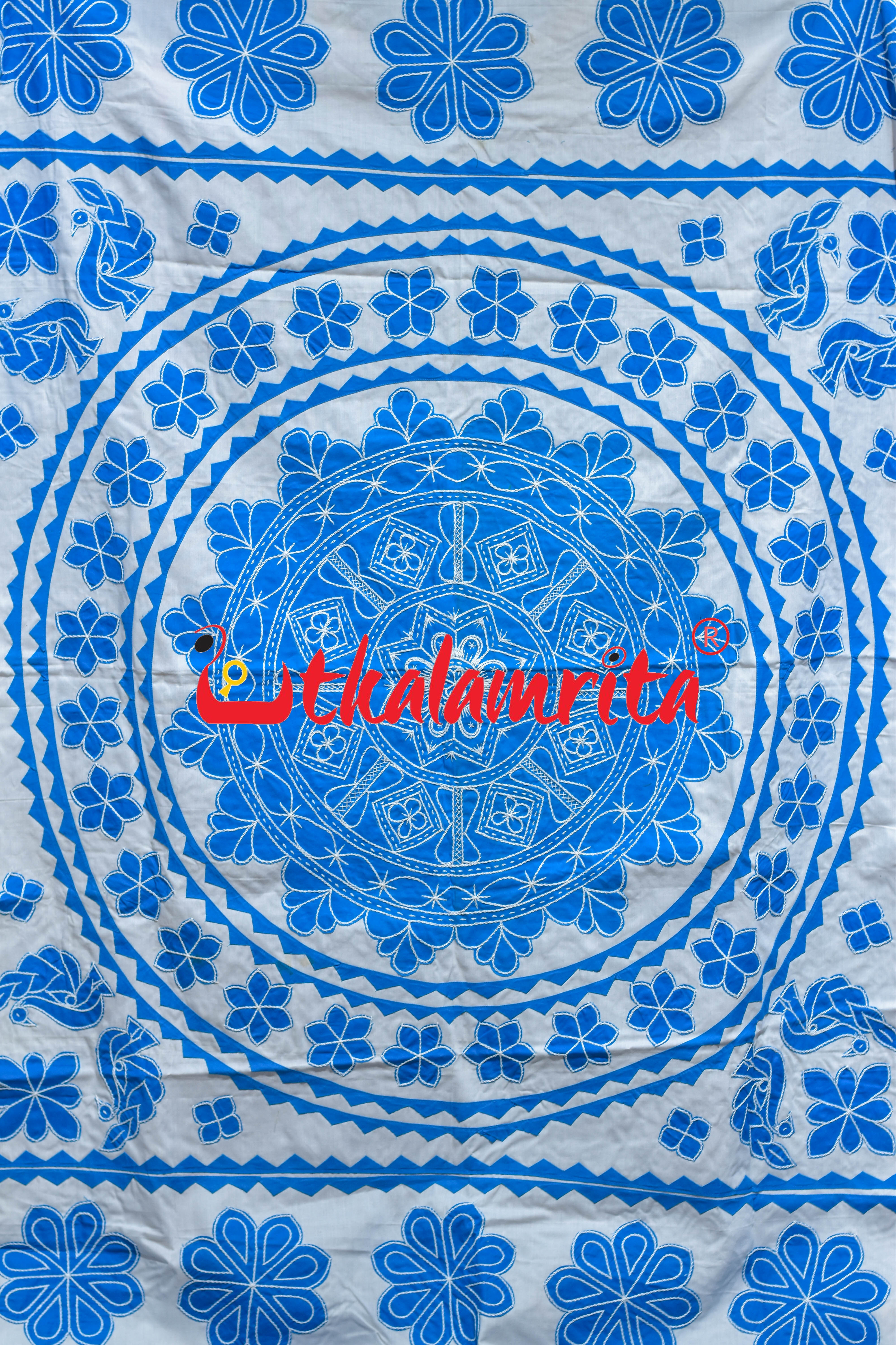 White Blue Flower Applique Bed Cover