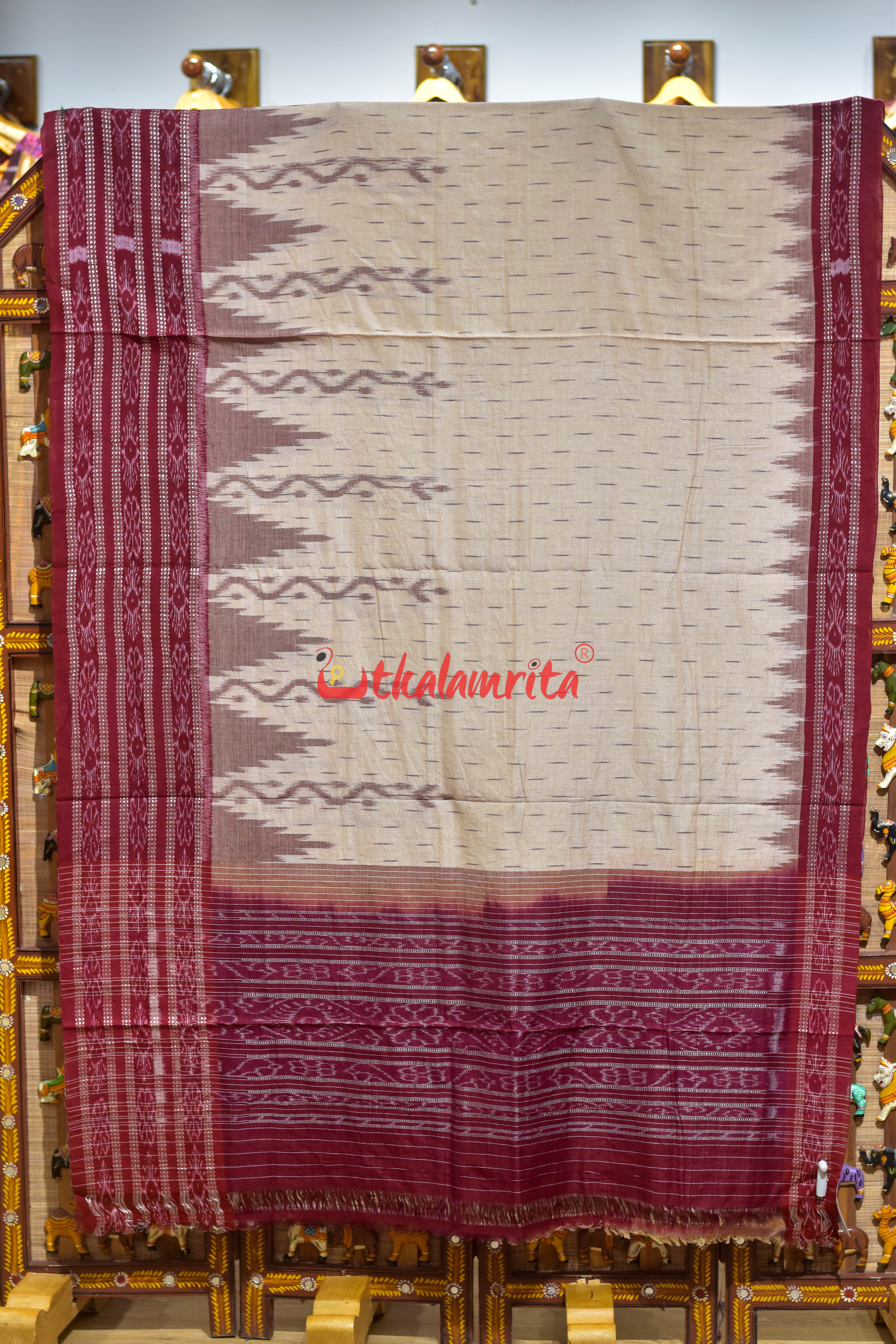 Off White Maroon Daali Scot Khandua Cotton Saree