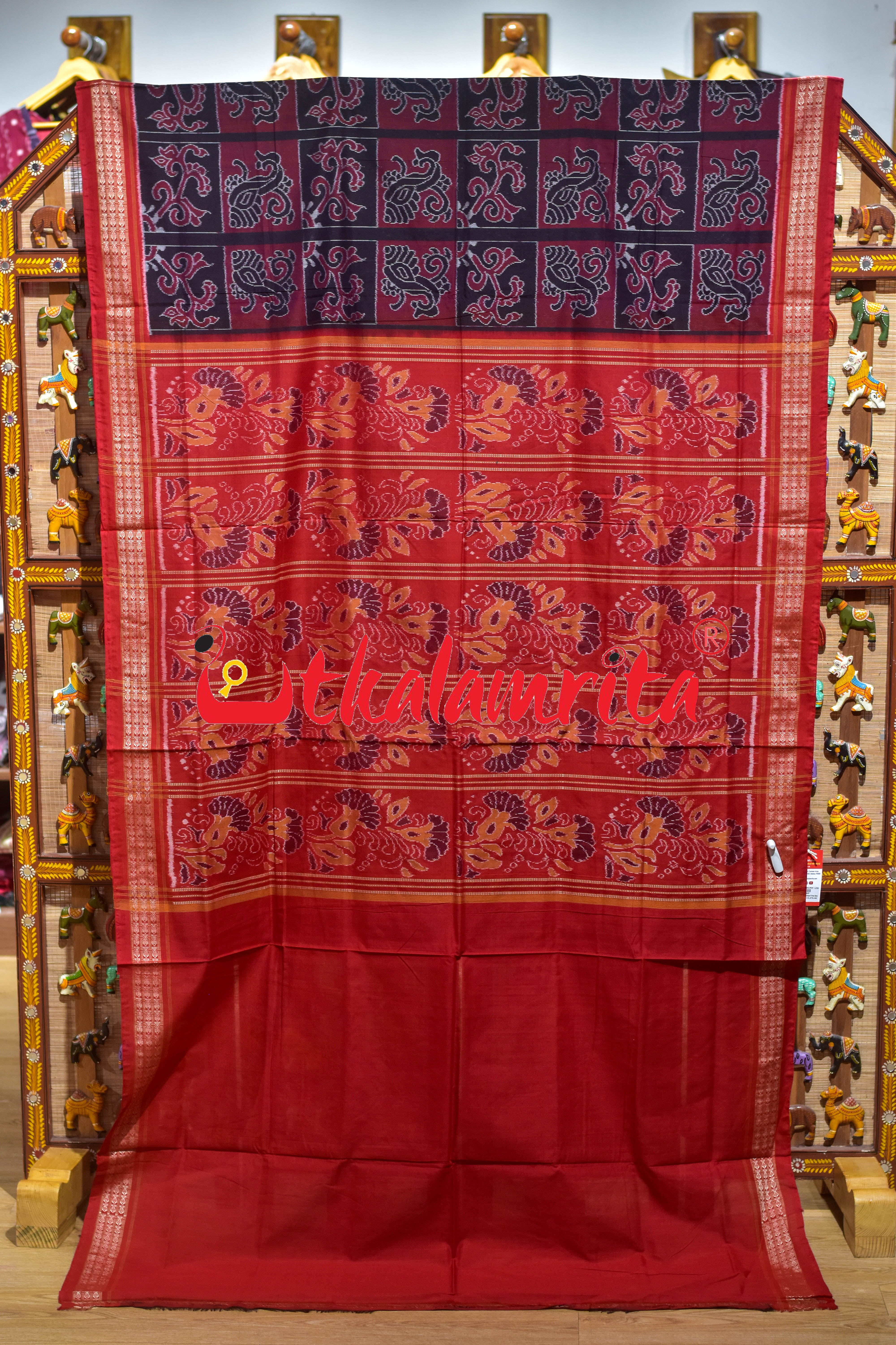 Black Maroon Kothi Laata Sambalpuri Cotton Saree