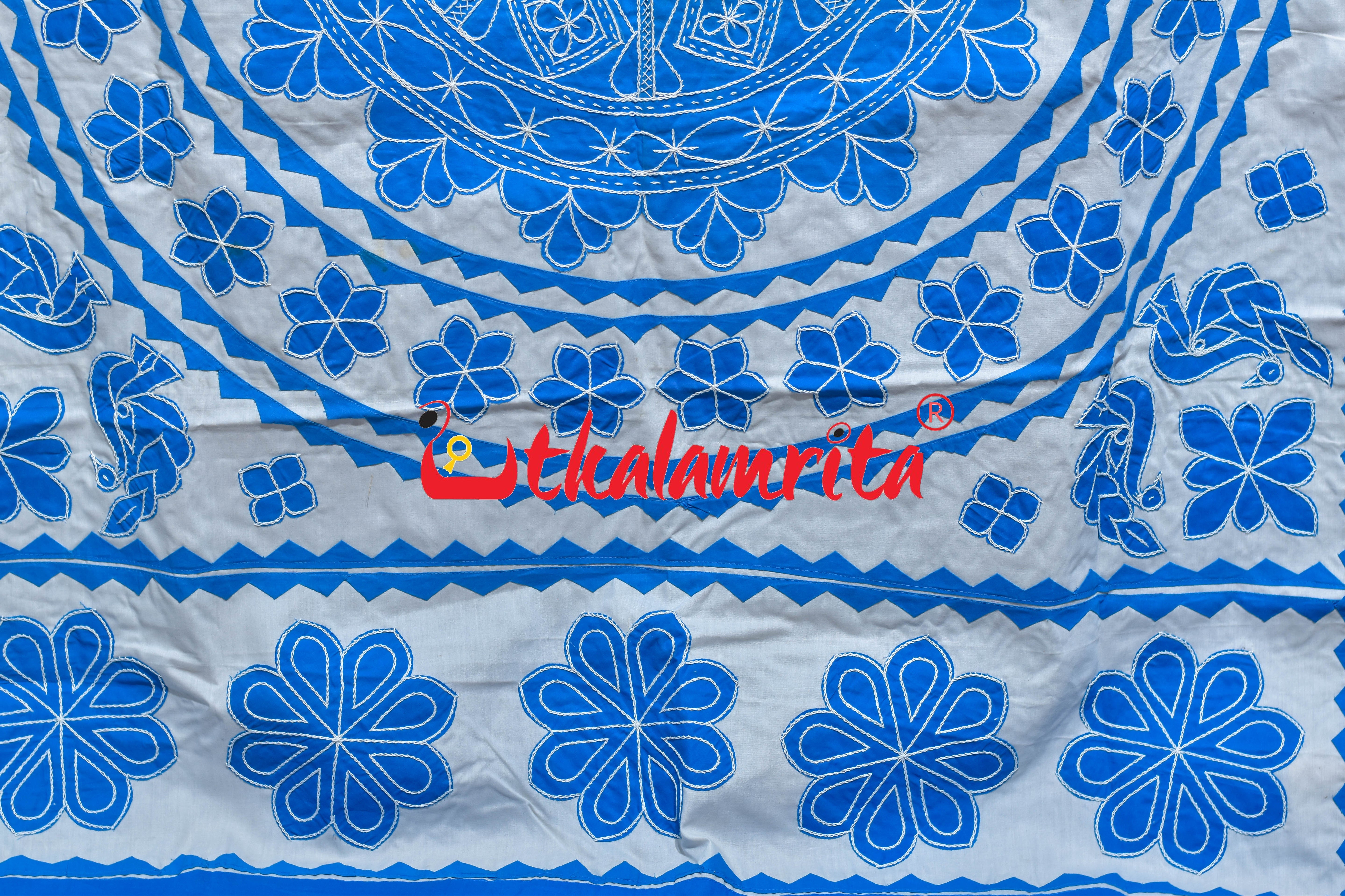 White Blue Flower Applique Bed Cover