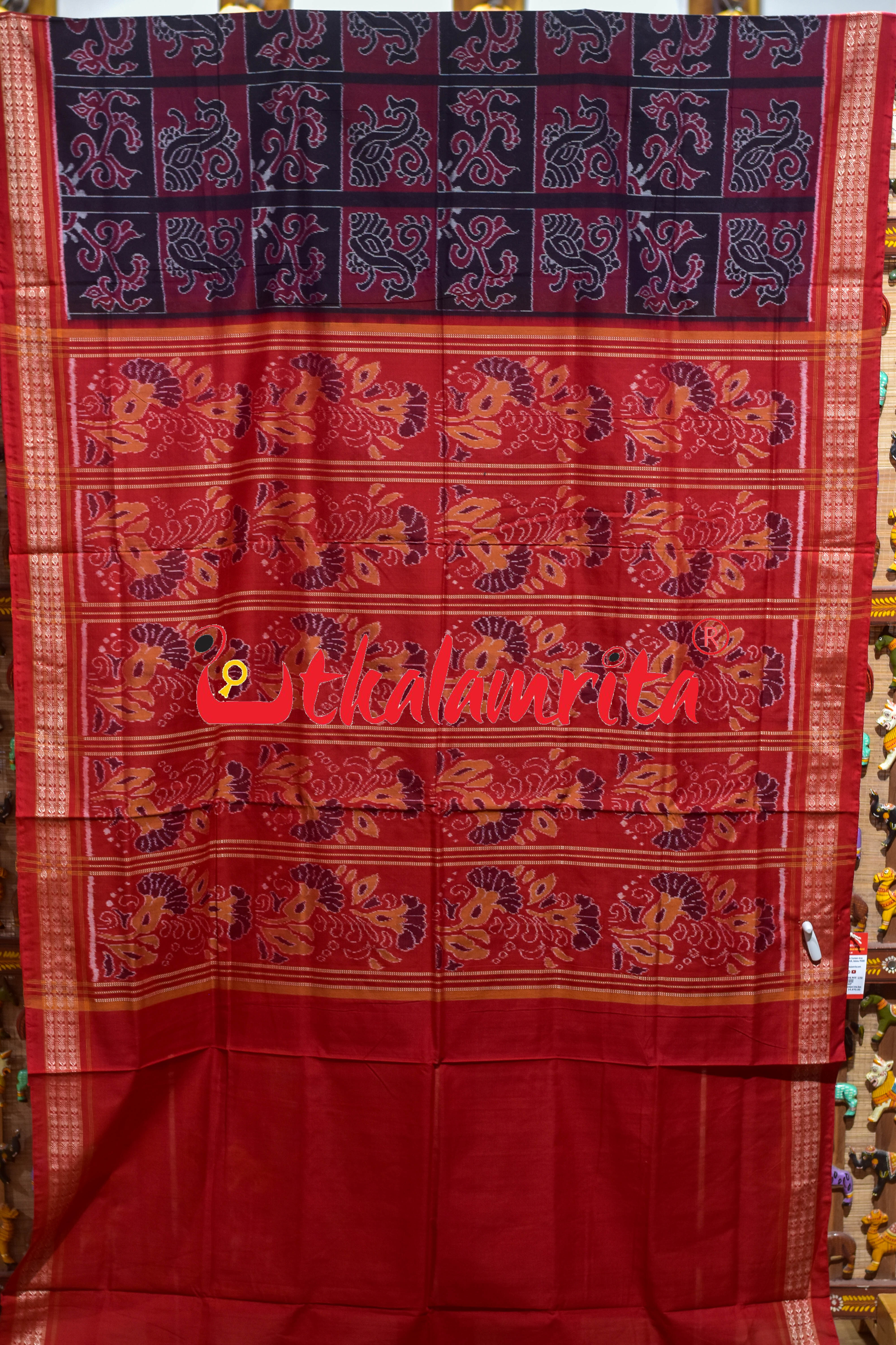 Black Maroon Kothi Laata Sambalpuri Cotton Saree