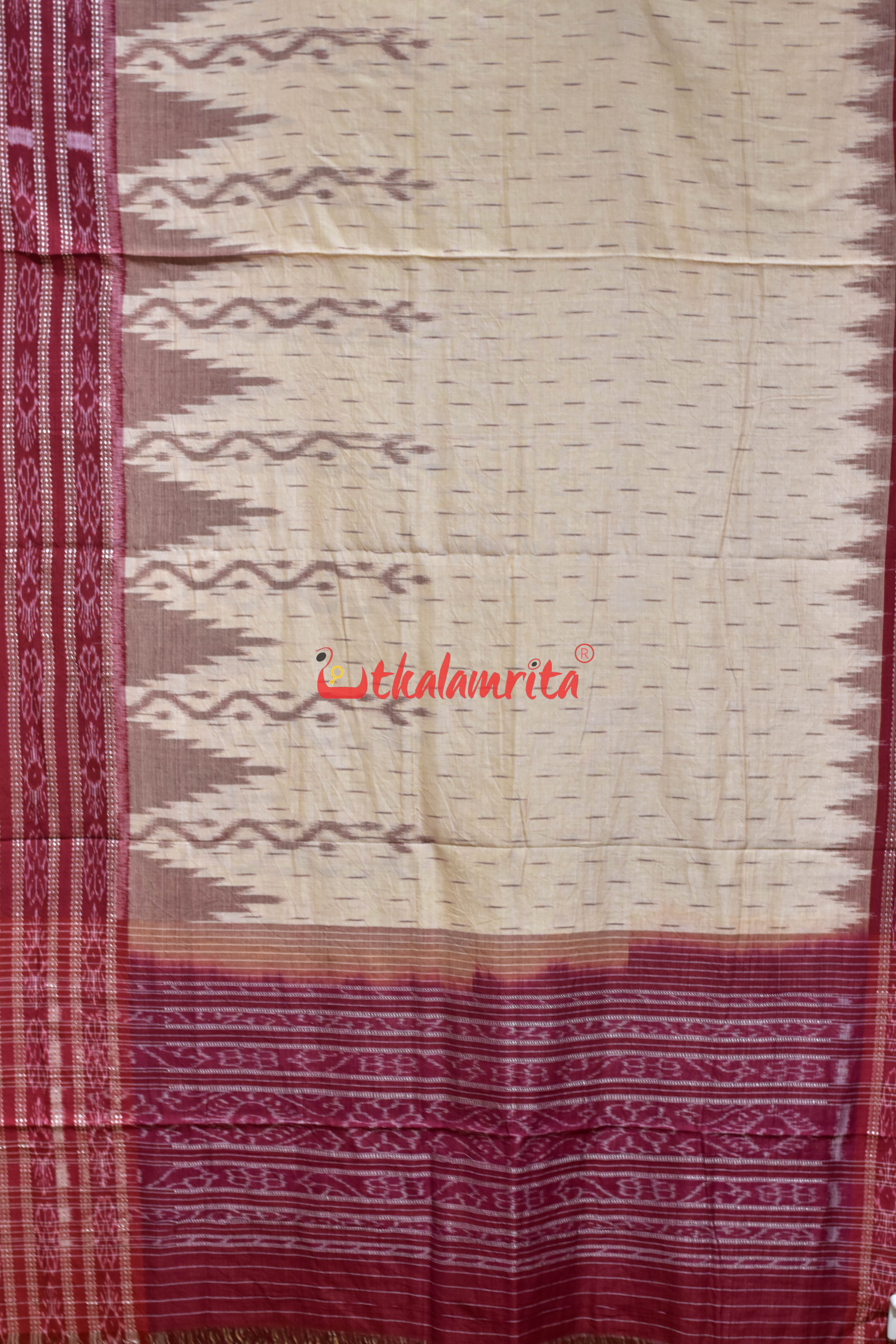 Off White Maroon Daali Scot Khandua Cotton Saree