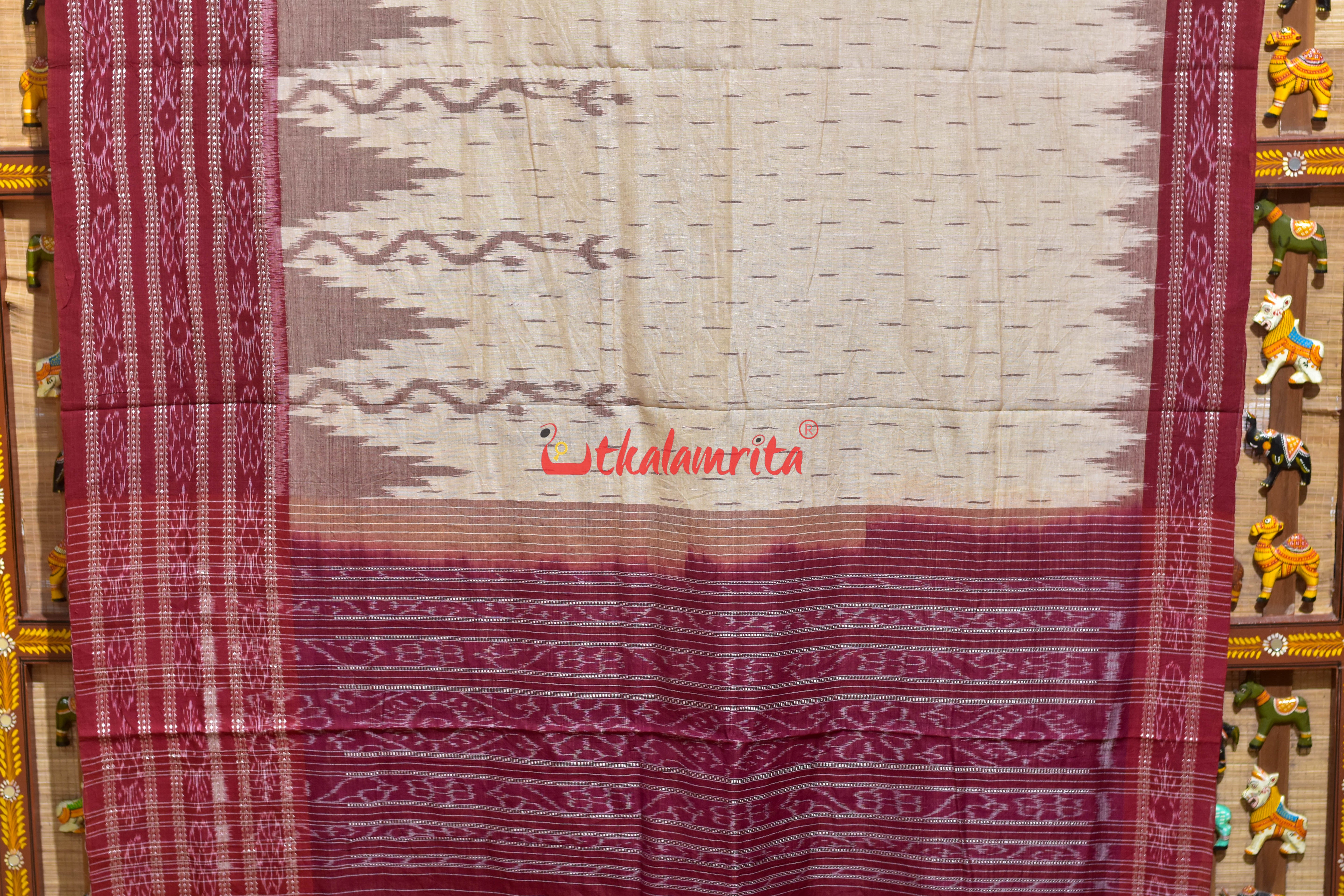 Off White Maroon Daali Scot Khandua Cotton Saree