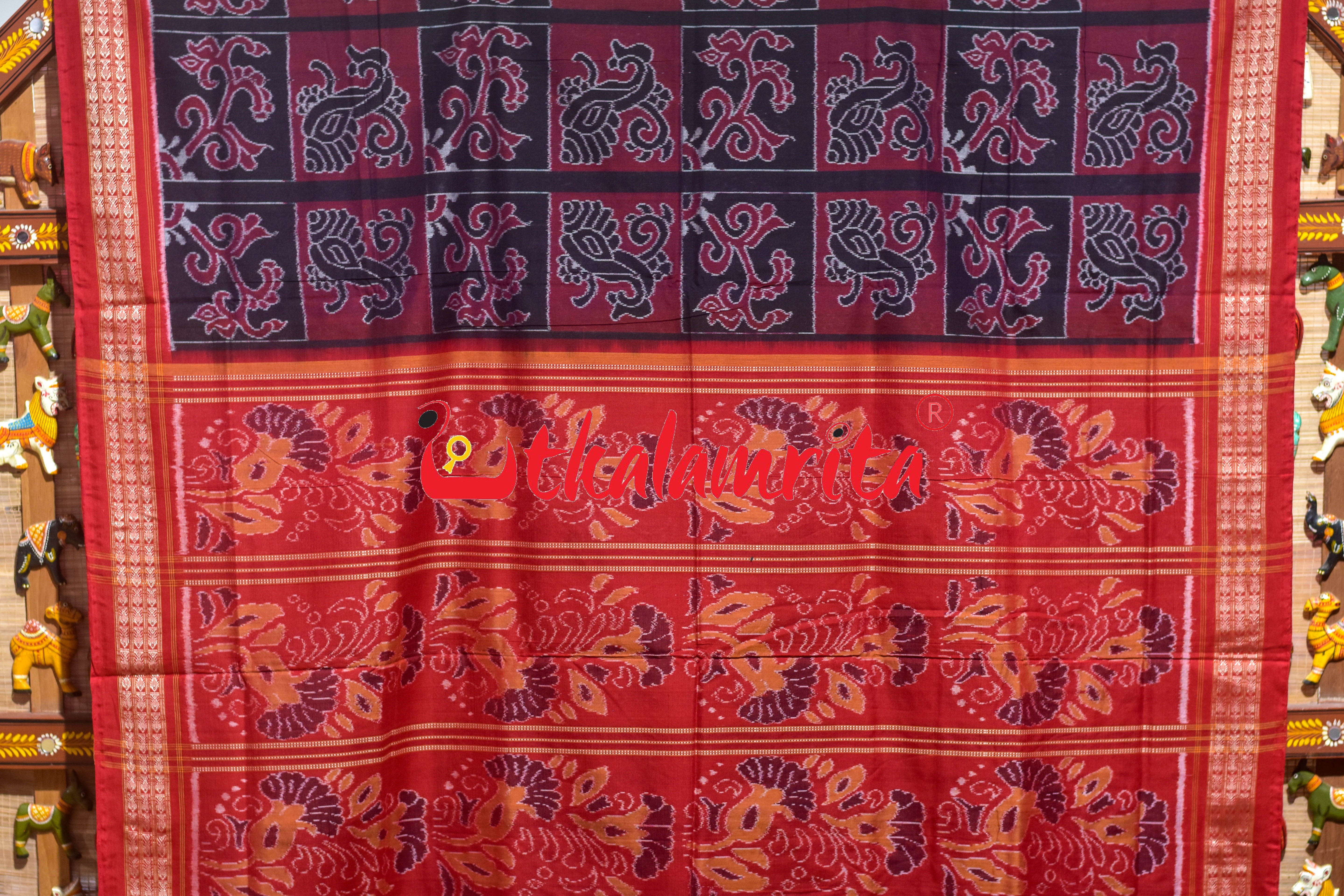 Black Maroon Kothi Laata Sambalpuri Cotton Saree