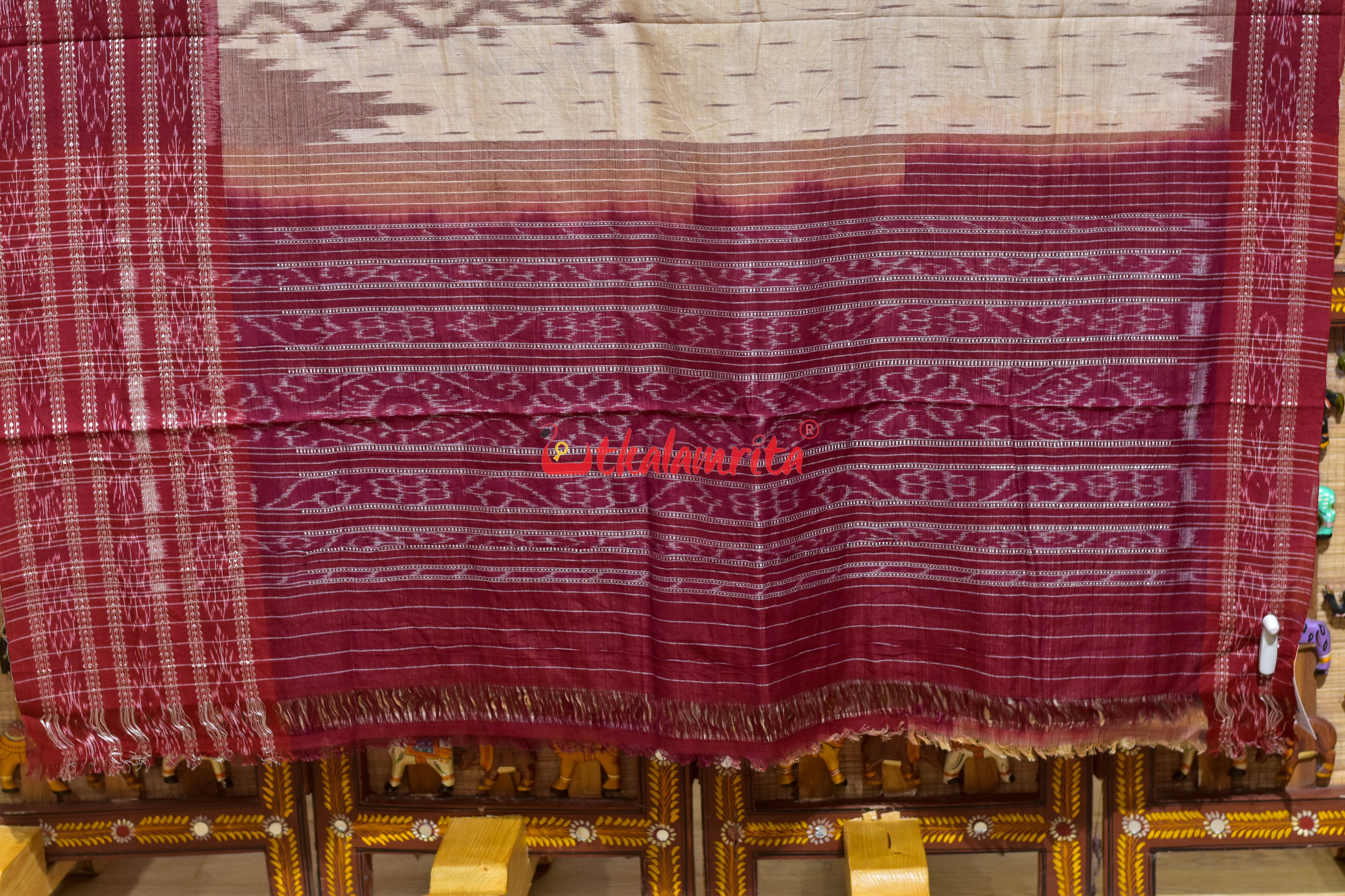 Off White Maroon Daali Scot Khandua Cotton Saree