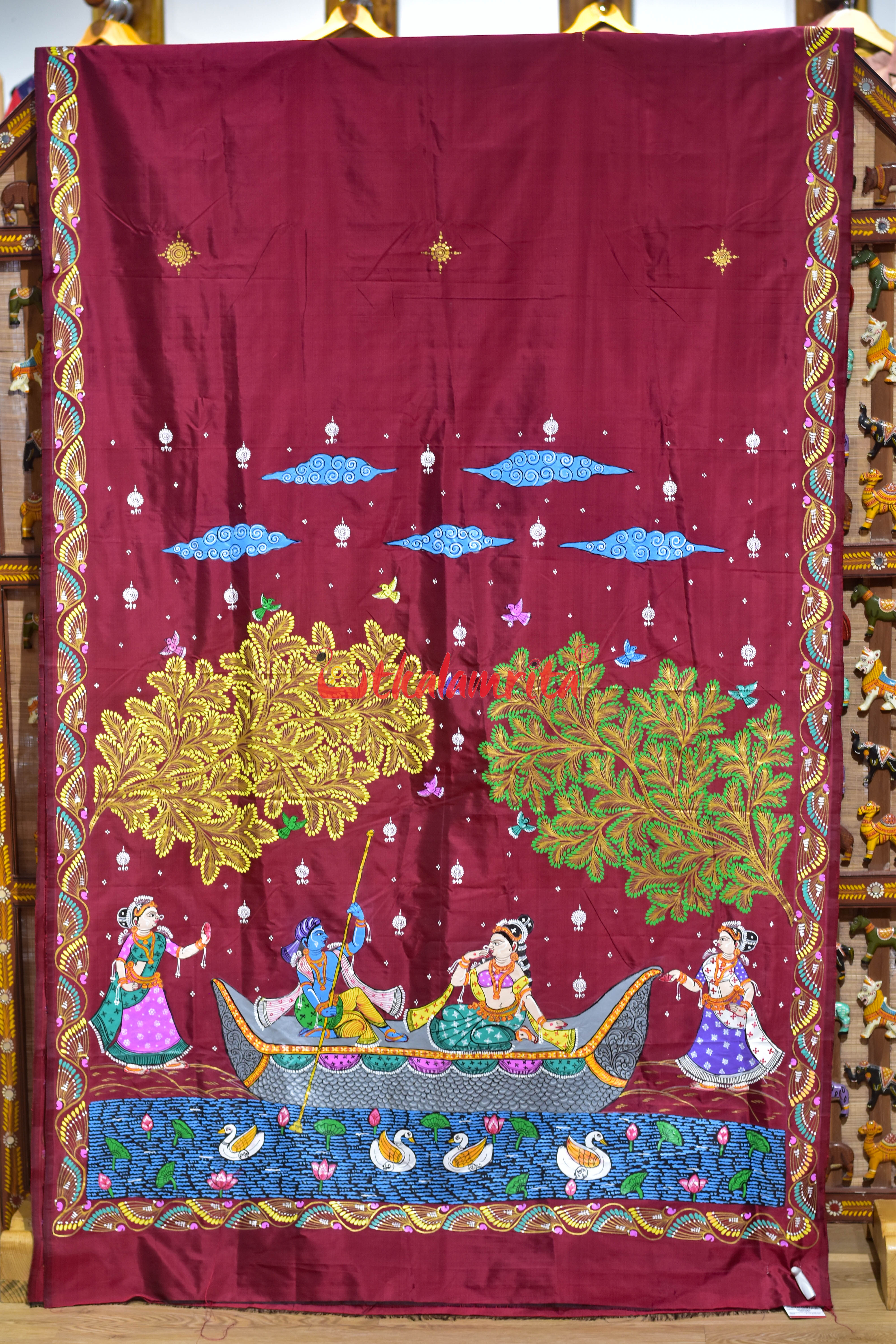 Maroon Nauka Paar Pattachitra Silk Saree