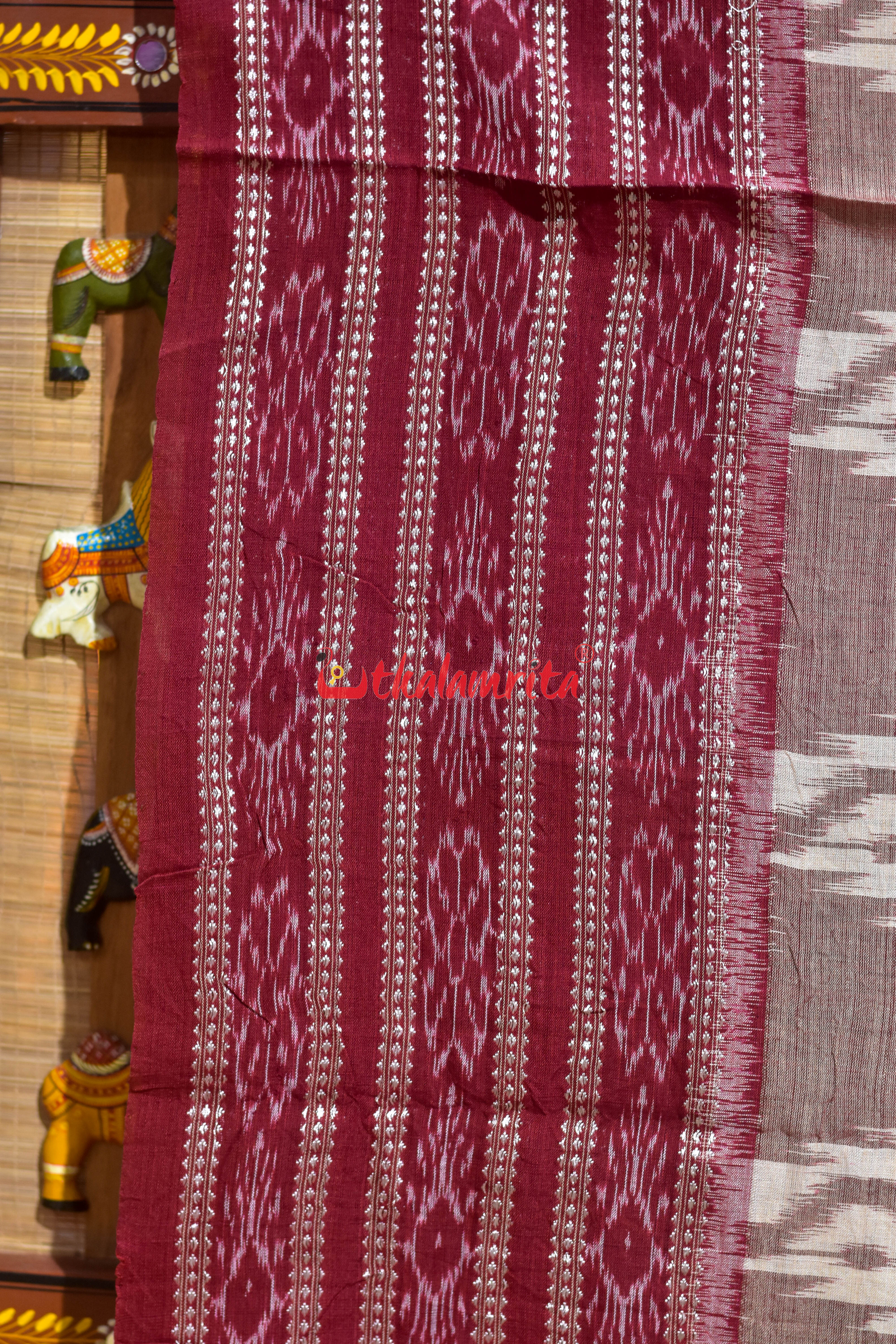 Off White Maroon Daali Scot Khandua Cotton Saree