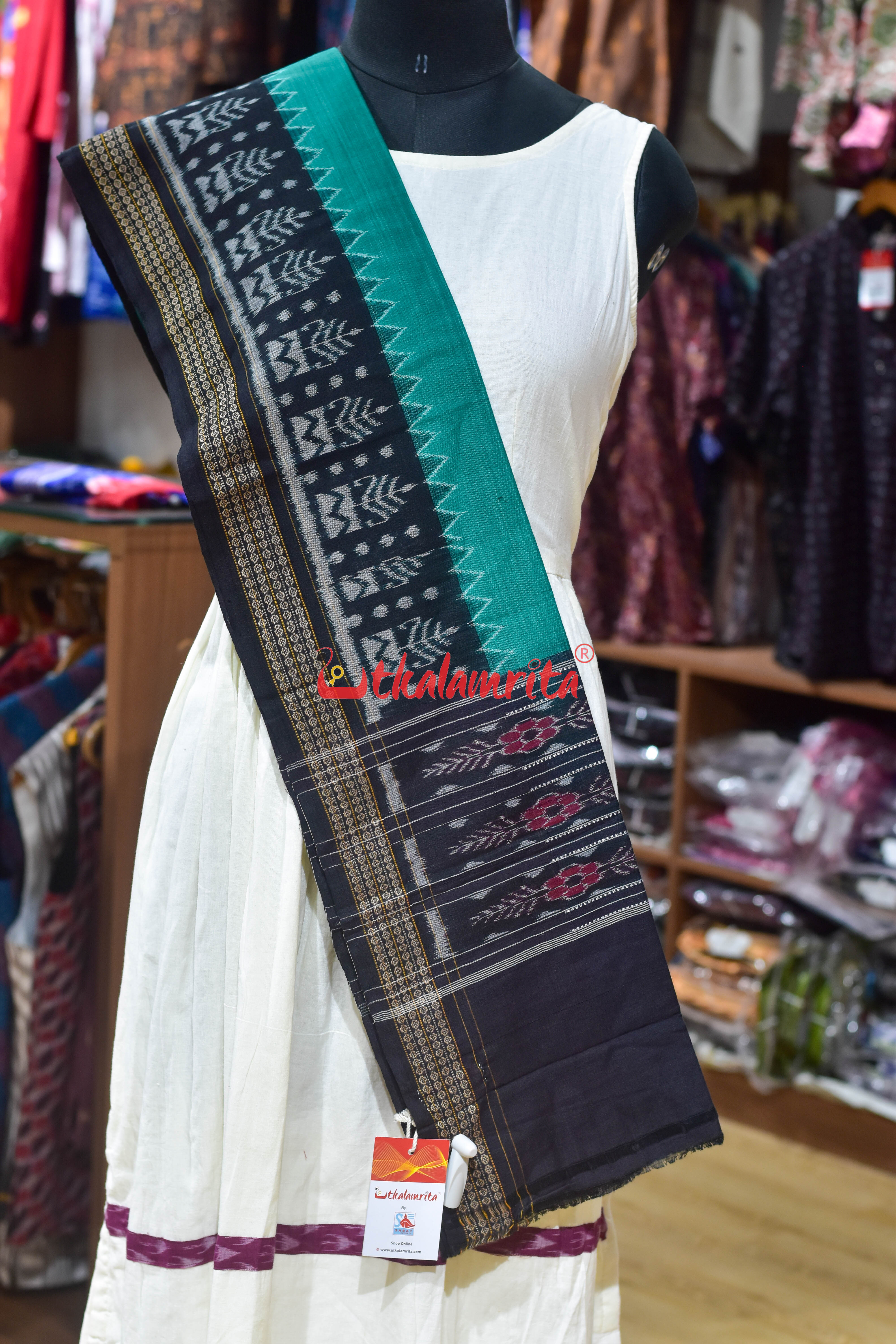 Sea Green Black Tree Border Cotton (Dupatta)